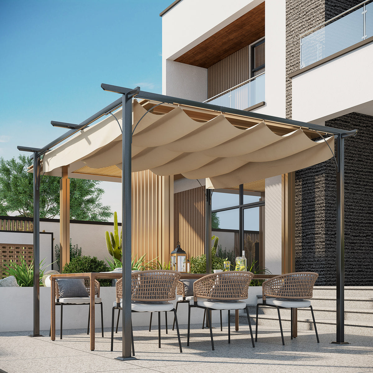 Outsunny 3 x 3(m) Metal Pergola with Retractable Roof, Garden Gazebo Metal Pergola Canopy. Outdoor Sun Shade Shelter for Party BBQ, Beige