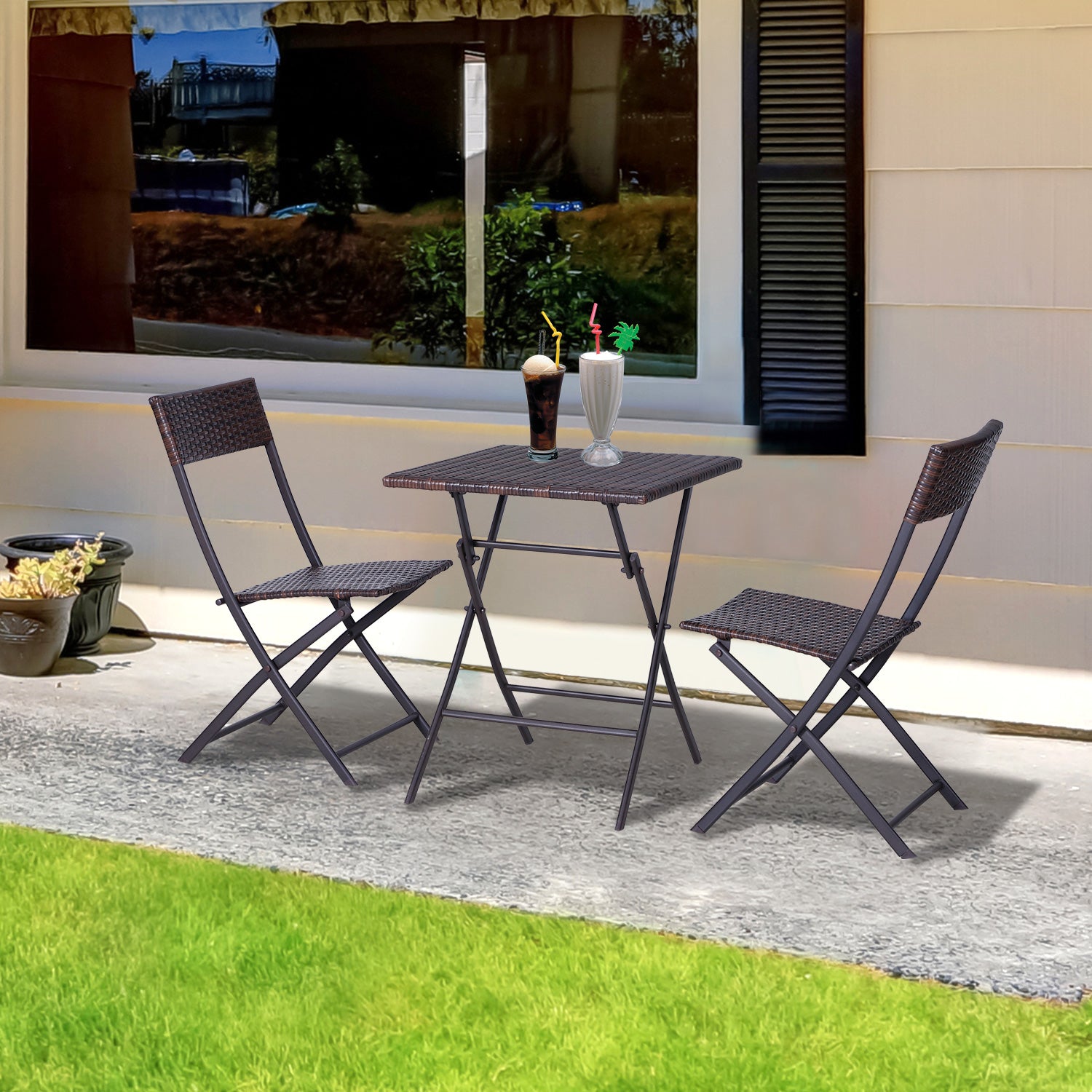 Outsunny 2-Seater Rattan Bistro Set: 1 x table, 2 x chairs-Brown - North Peak Garden Furniture