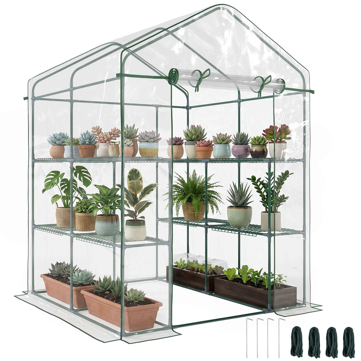 Outsunny Walk in Greenhouse with 3-Tier 8 Shelves, Green House with Hemmed Cover, Roll-up Zipped Door, Steel Frame, 143 x 143 x 195cm