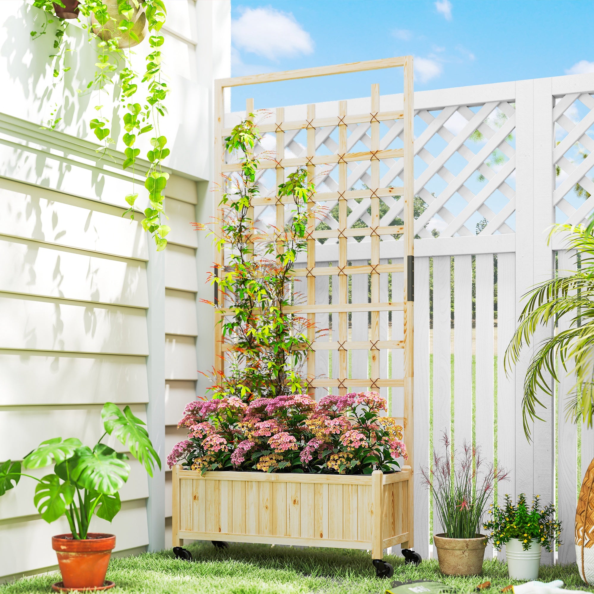 Outsunny Wooden Trellis Planter, Raised Garden Bed with Wheels and Bed Liner, to Climb and Grow Vegetables, Herbs and Flowers