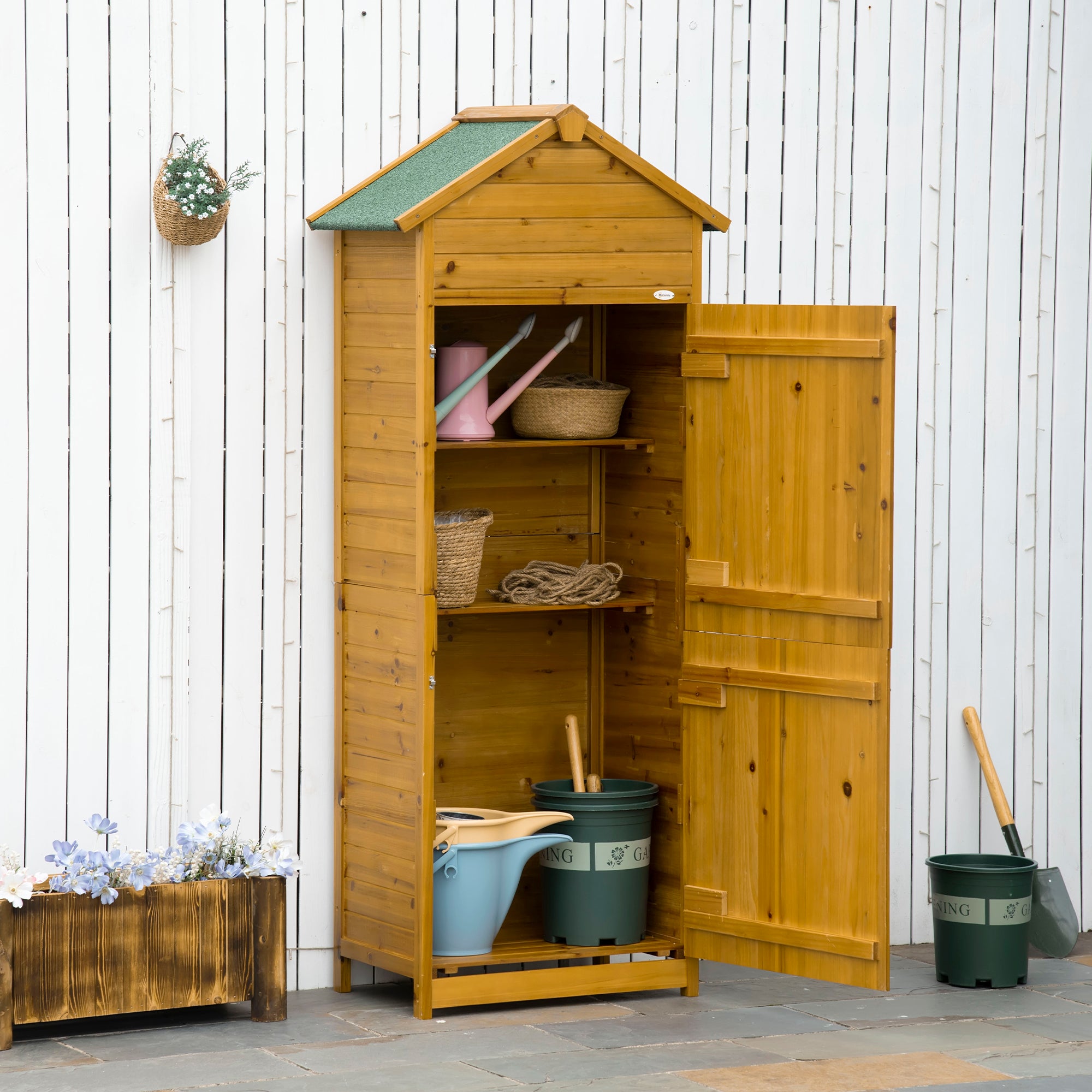 Outsunny Wooden Garden Storage Shed Utility Gardener Cabinet w/ 3 Shelves and 2 Door, 191.5cm x 79cm x 49cm, Natural wood effect - North Peak Garden Furniture