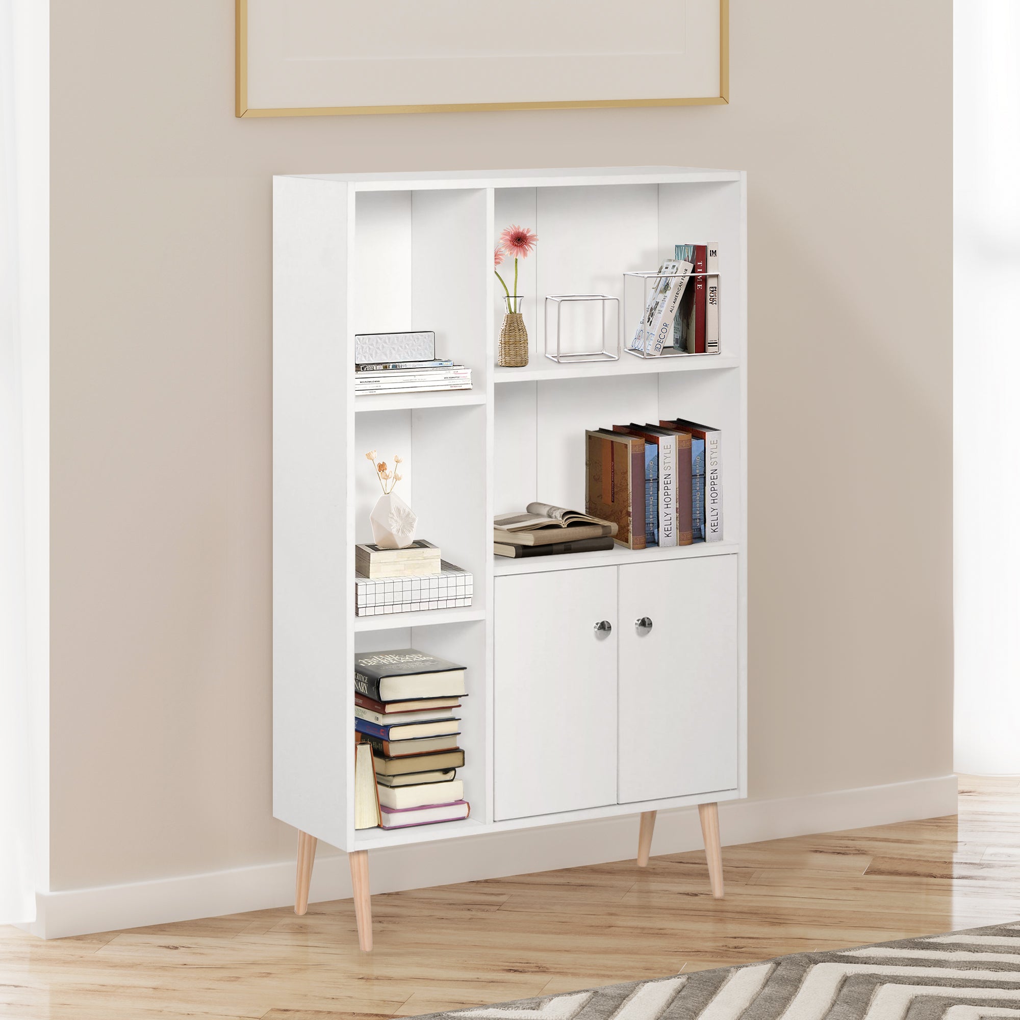 HOMCOM Sideboard Storage Cabinet Cupboard, Open Bookcase with 2 Doors 5 Compartments Wooden Modern Style for Living Room Bedroom Kitchen 80 x 23 x 123 cm, White - North Peak Garden Furniture
