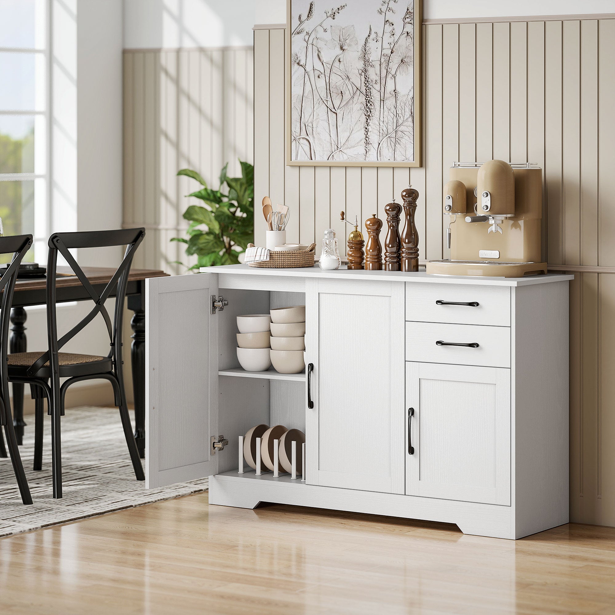 HOMCOM Sideboard with 2 Drawers Modern Storage Cabinet, Kitchen Cupboard with Adjustable Shelf and 3 Doors White