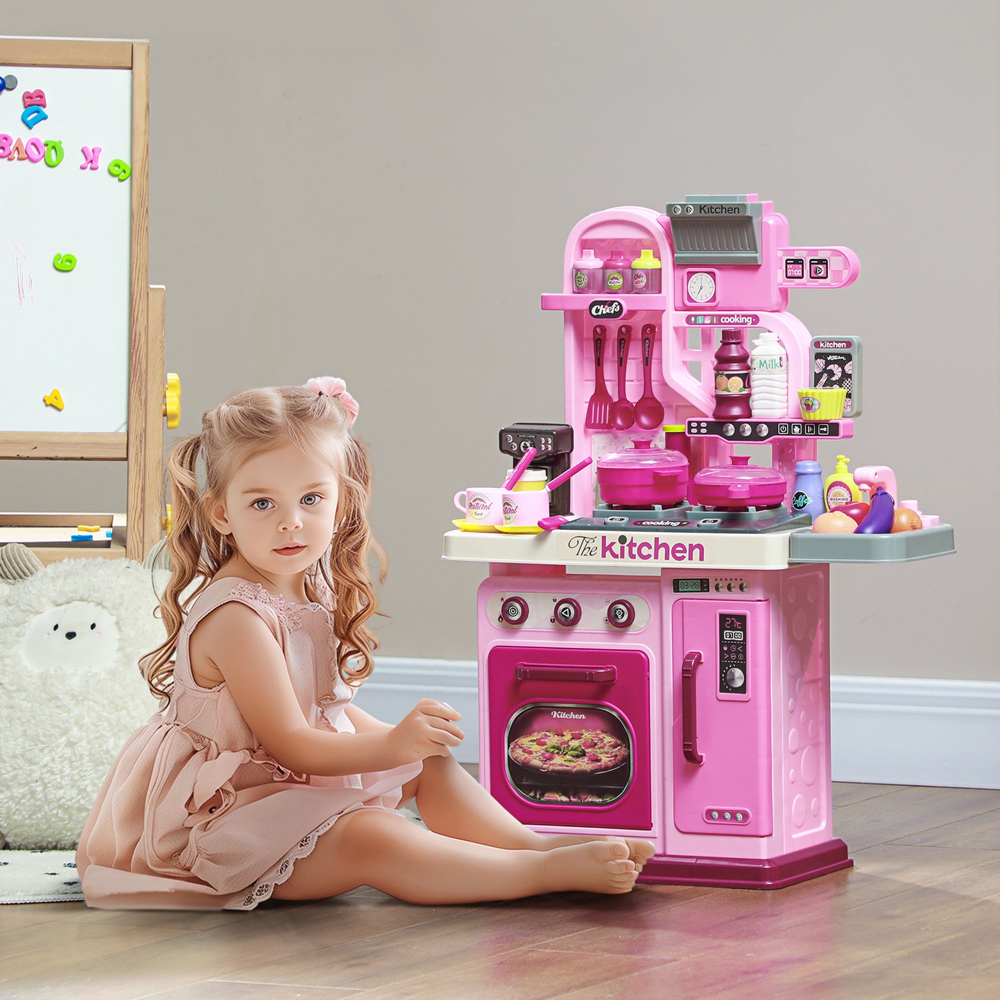 AIYAPLAY Kids Kitchen with 33 Pieces, Lights, Sounds, Storage, for Ages 3-6 Years, Pink - North Peak Garden Furniture