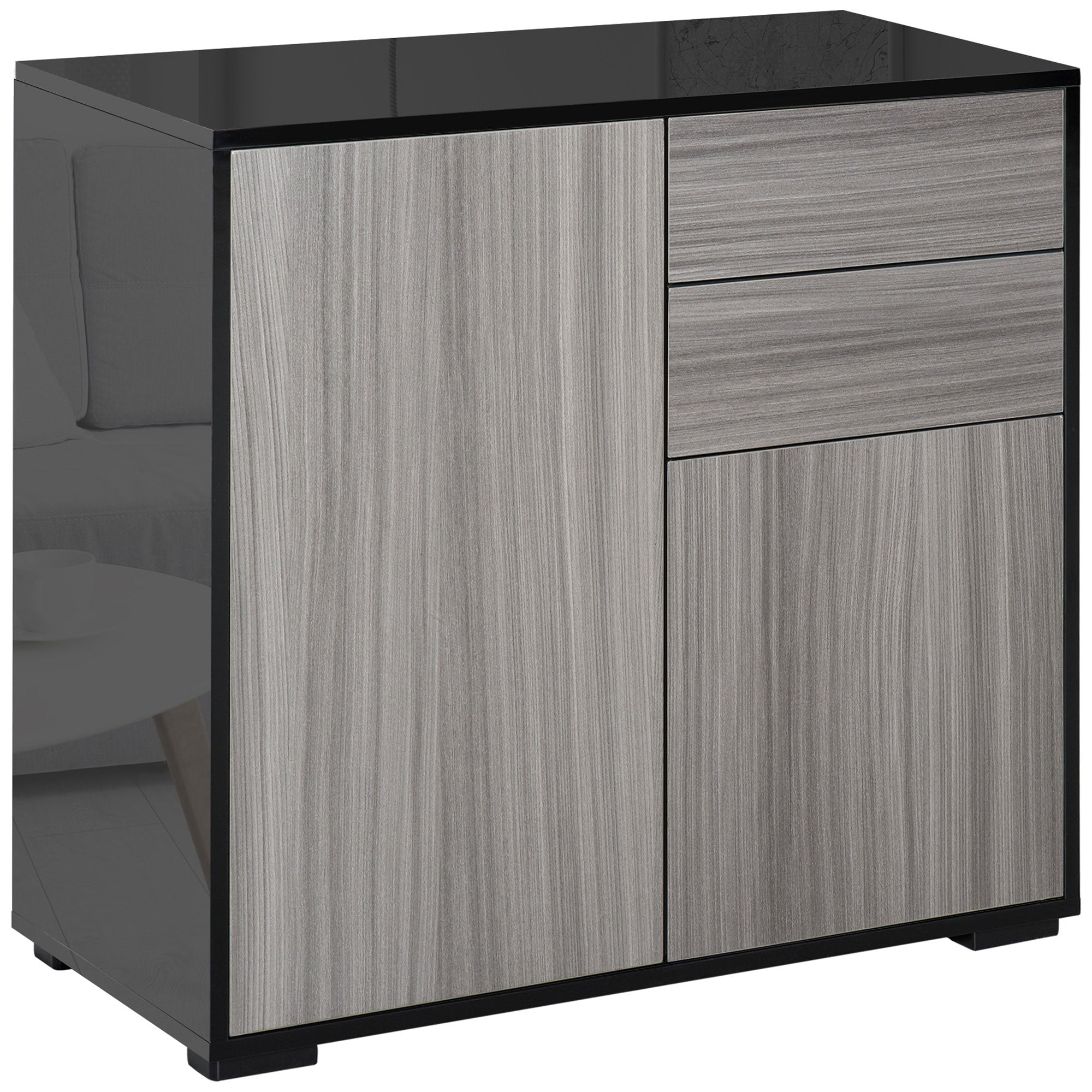HOMCOM High Gloss Frame Sideboard, Side Cabinet, Push-Open Design with 2 Drawer for Living Room, Bedroom, Light Grey and Black - North Peak Garden Furniture