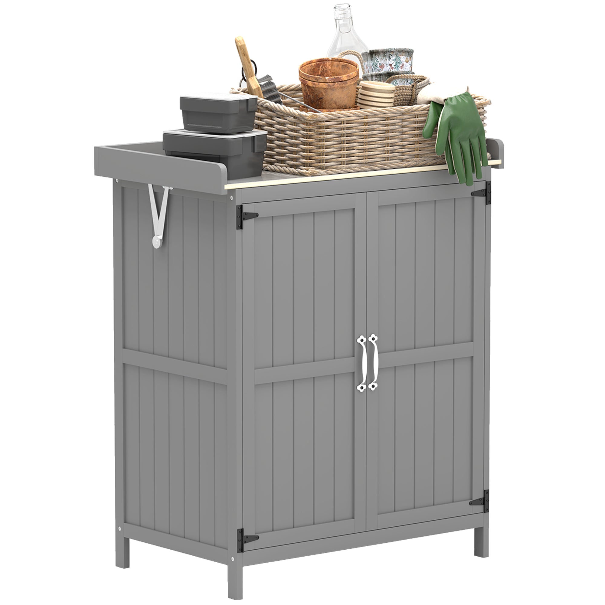 Outsunny Wooden Garden Shed, Garden Tool Storage Shed with Hinged Roof and Shelf, Outdoor Storage Cabinet with Double Doors, Grey - North Peak Garden Furniture