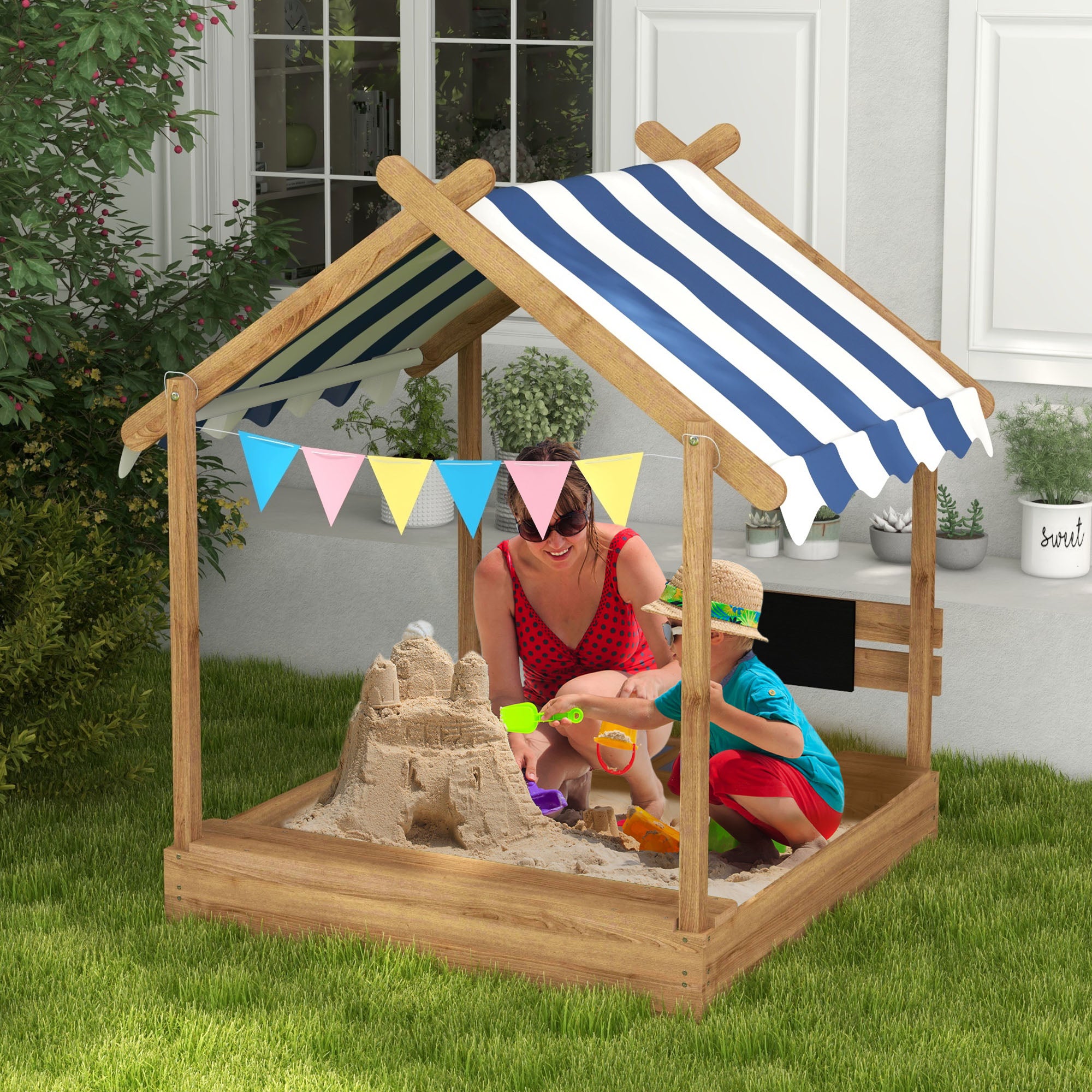 Outsunny House-Designed Wooden Sandbox, Outdoor Sandpit, with Blackboard, Toys, Sink, Seats, Flags, for Ages 3-7 Years - Brown - North Peak Garden Furniture