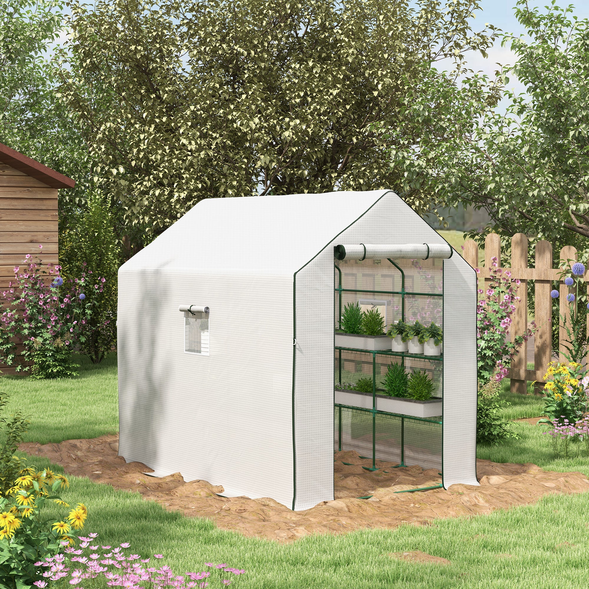 Outsunny Walk-in Greenhouse with 3 Tier Shelves, Outdoor Green House Garden Grow House with Reinforced PE Cover, Roll-up Door and Mesh Windows, 140 x 213 x 190cm, White - North Peak Garden Furniture