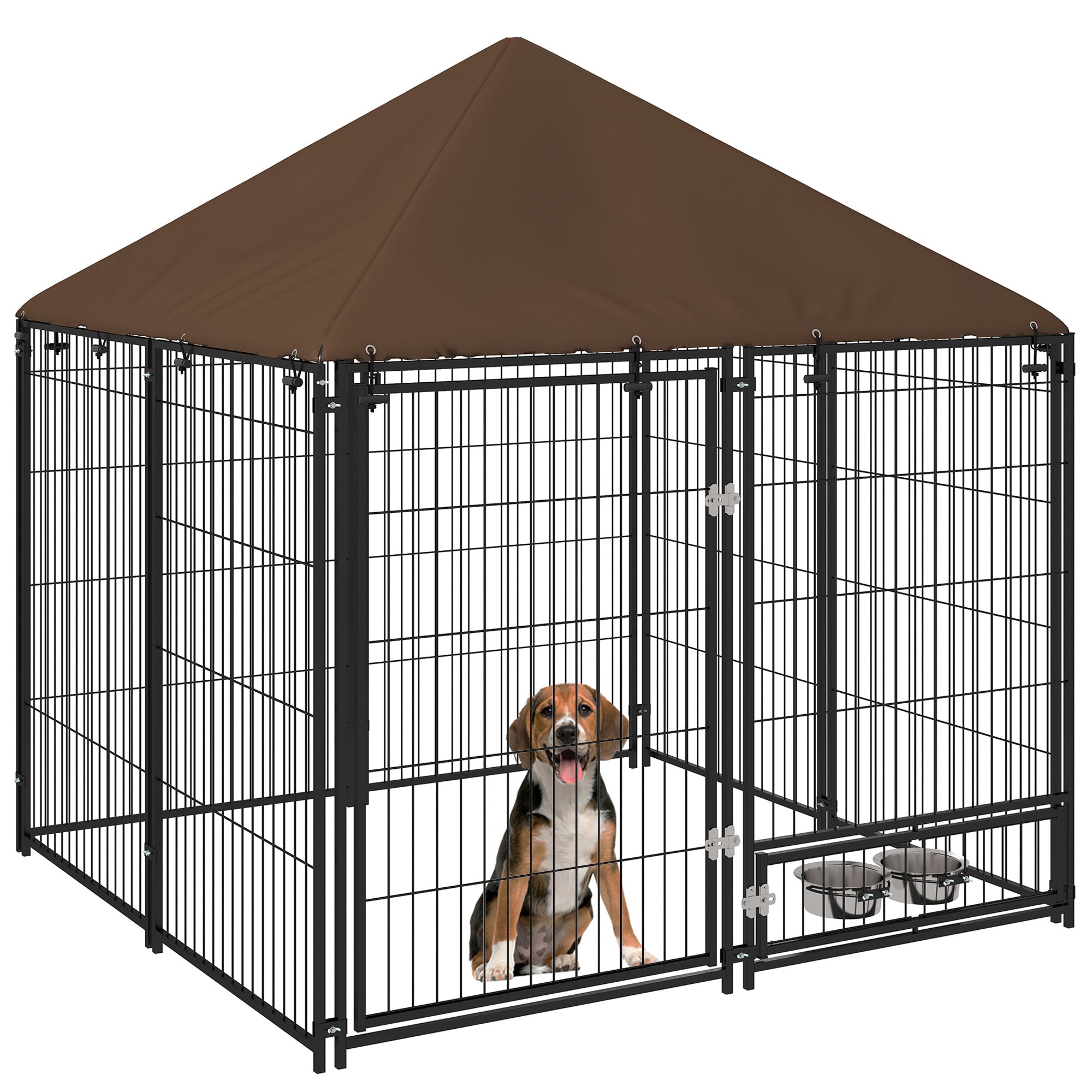 PawHut Outdoor Dog Kennel Puppy Play Pen with Canopy Garden Playpen Fence Crate Enclosure Cage Rotating Bowl 141 x 141 x 151 cm - North Peak Garden Furniture