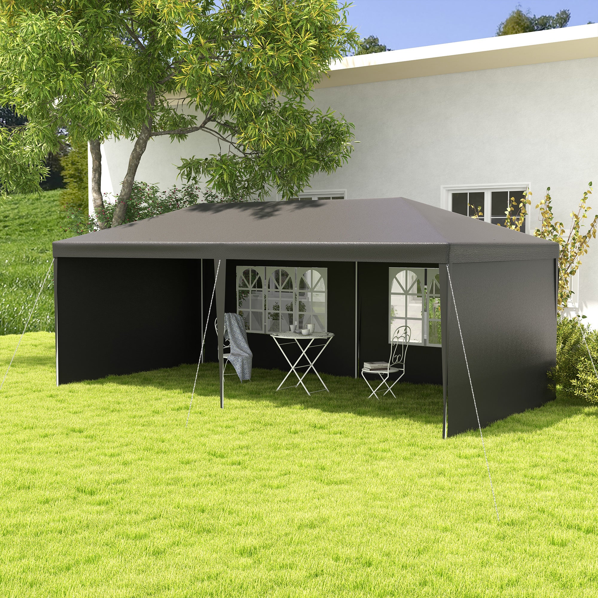 Outsunny 6 x 3 m Party Tent Gazebo Marquee Outdoor Patio Canopy Shelter with Windows and Side Panels Dark Grey - North Peak Garden Furniture