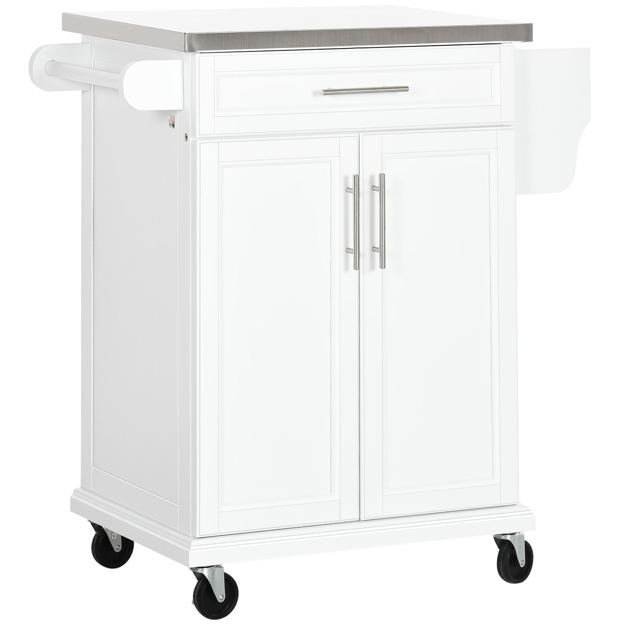 HOMCOM Wooden Kitchen Island on Wheels, Serving Cart Storage Trolley with Stainless Steel Top, Drawer, Side Handle and Rack, White - North Peak Garden Furniture