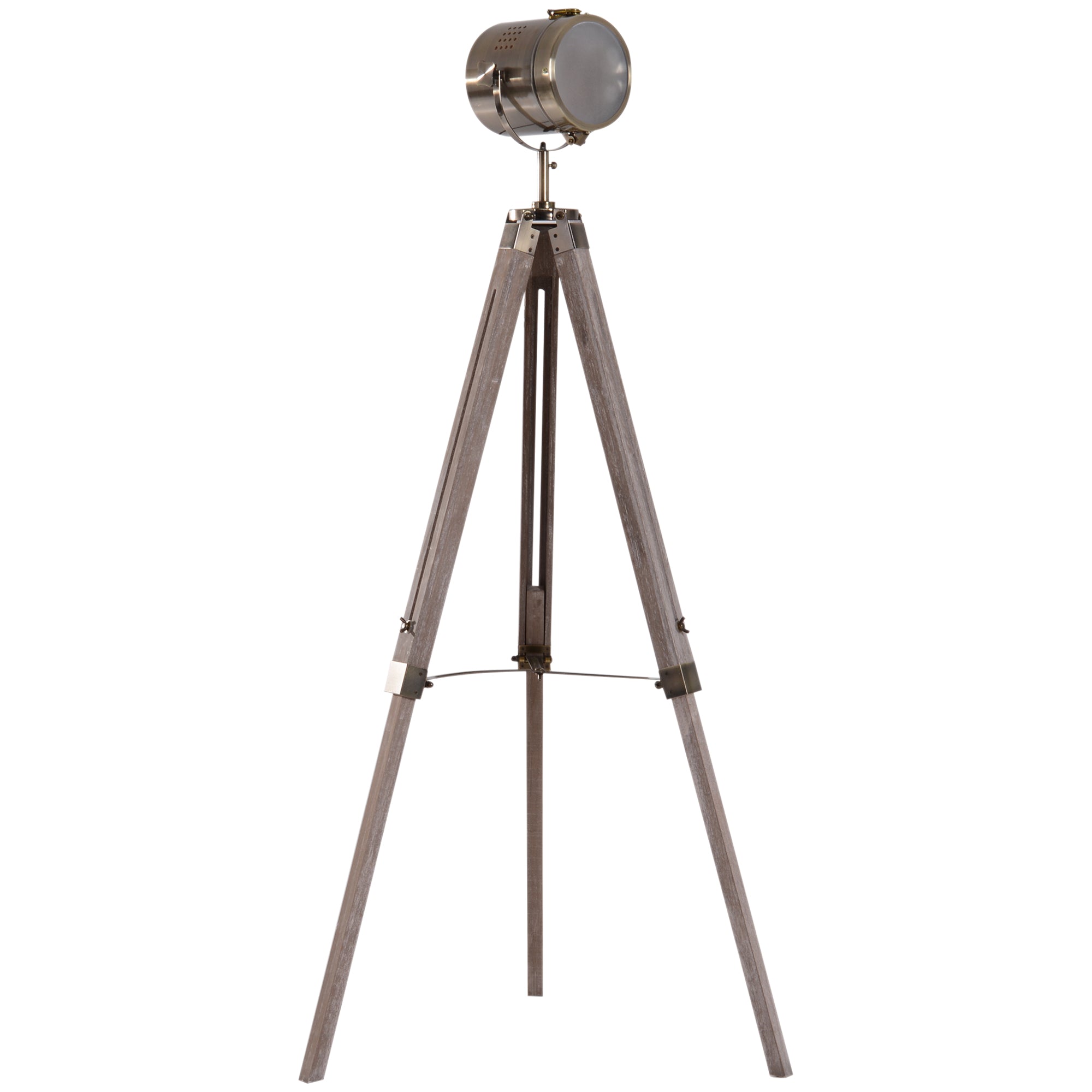HOMCOM Industrial Tripod Floor Lamp, Nautical Searchlight with Adjustable Height, Wood Legs, E12 Lamp Base for Living Room, Bedroom, Grey and Bronze - North Peak Garden Furniture
