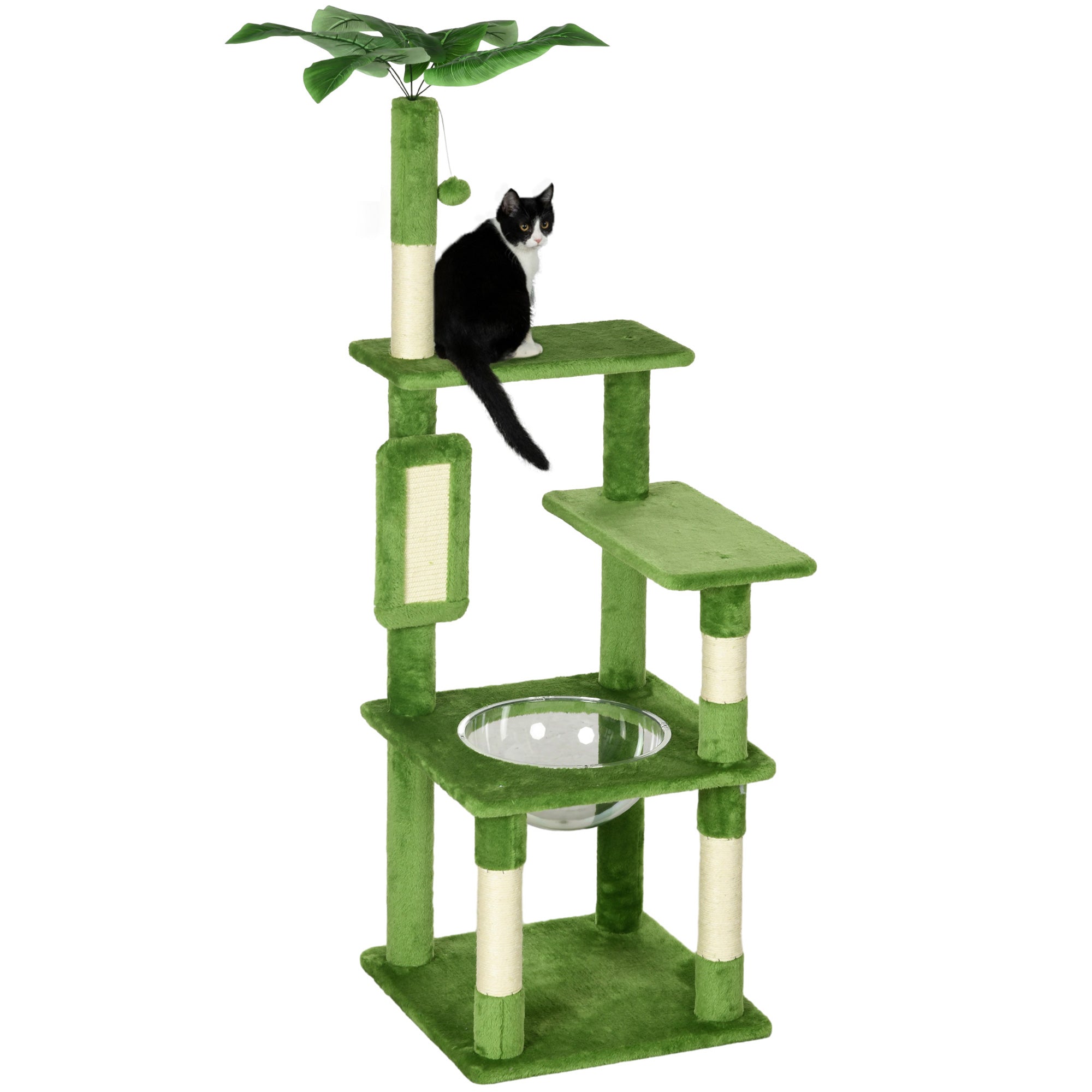 PawHut 142cm Cat Tree Tower, with Scratching Post, Hammock, Toy Ball, Platforms - Green - North Peak Garden Furniture