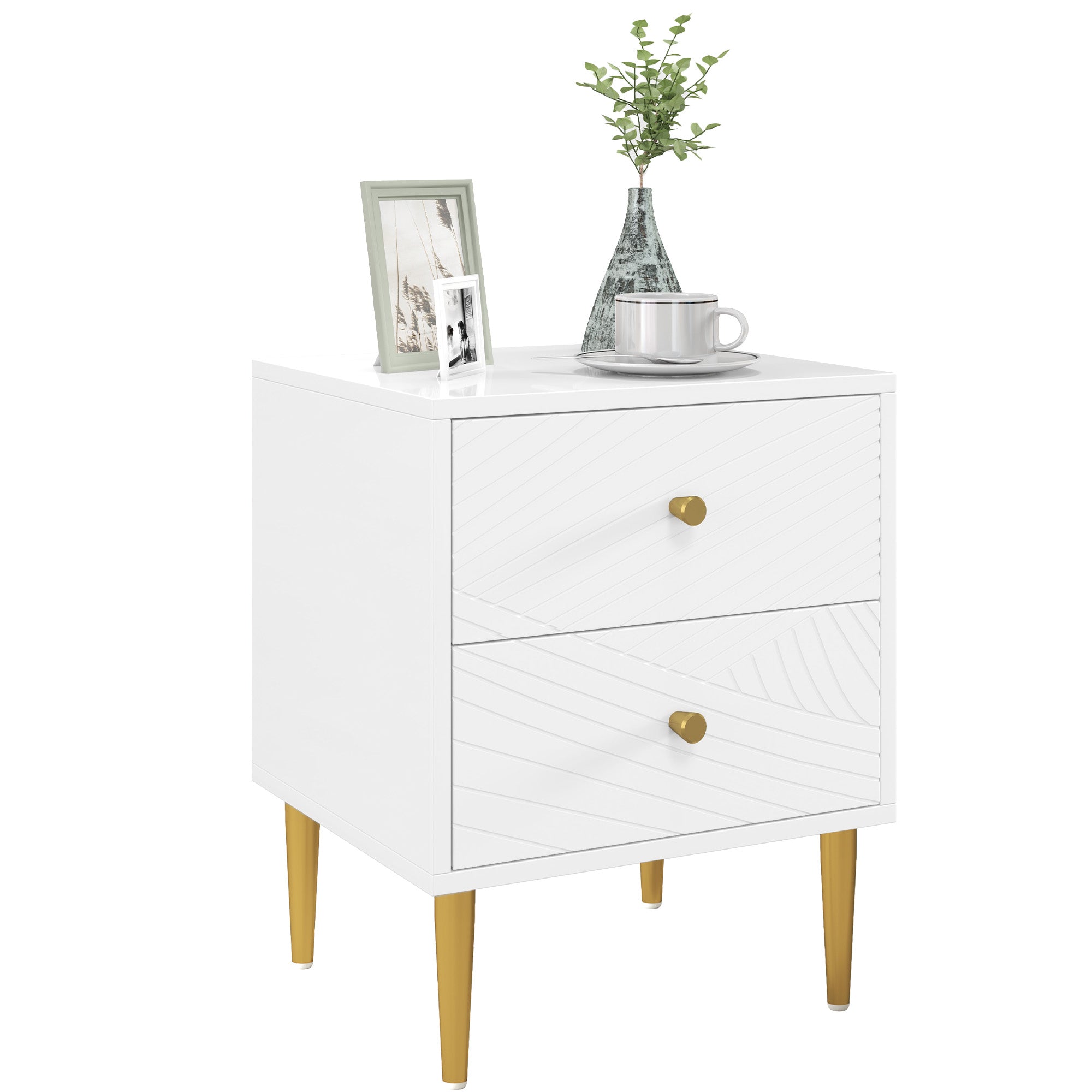 HOMCOM Elegant Two-Drawer Bedside Table - White/Gold-Tone - North Peak Garden Furniture