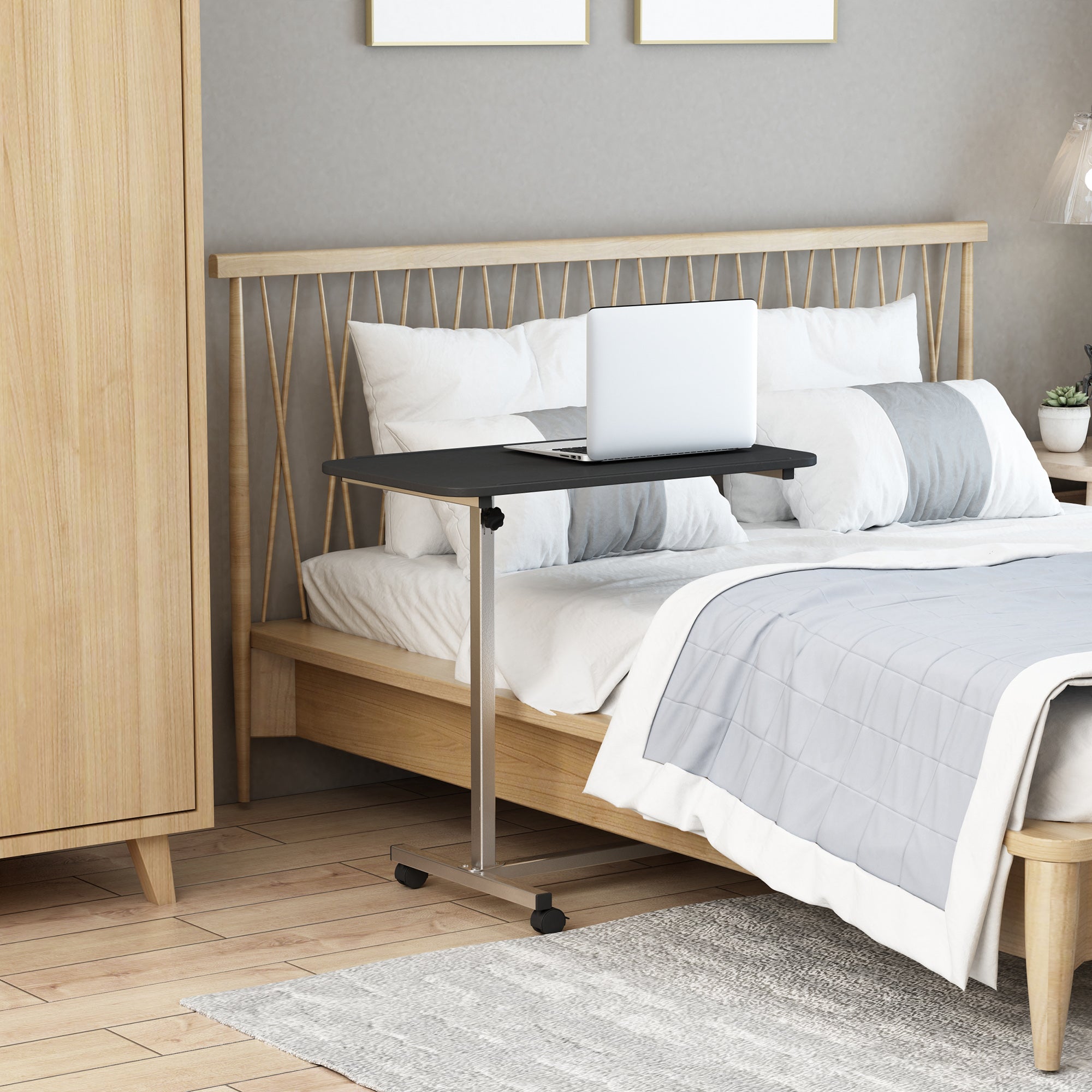 HOMCOM Height Adjustable Overbed Table with Wheels, C Shaped Laptop Desk, Portable Rolling Bedside Table for Living Room, Bedroom, Black - North Peak Garden Furniture