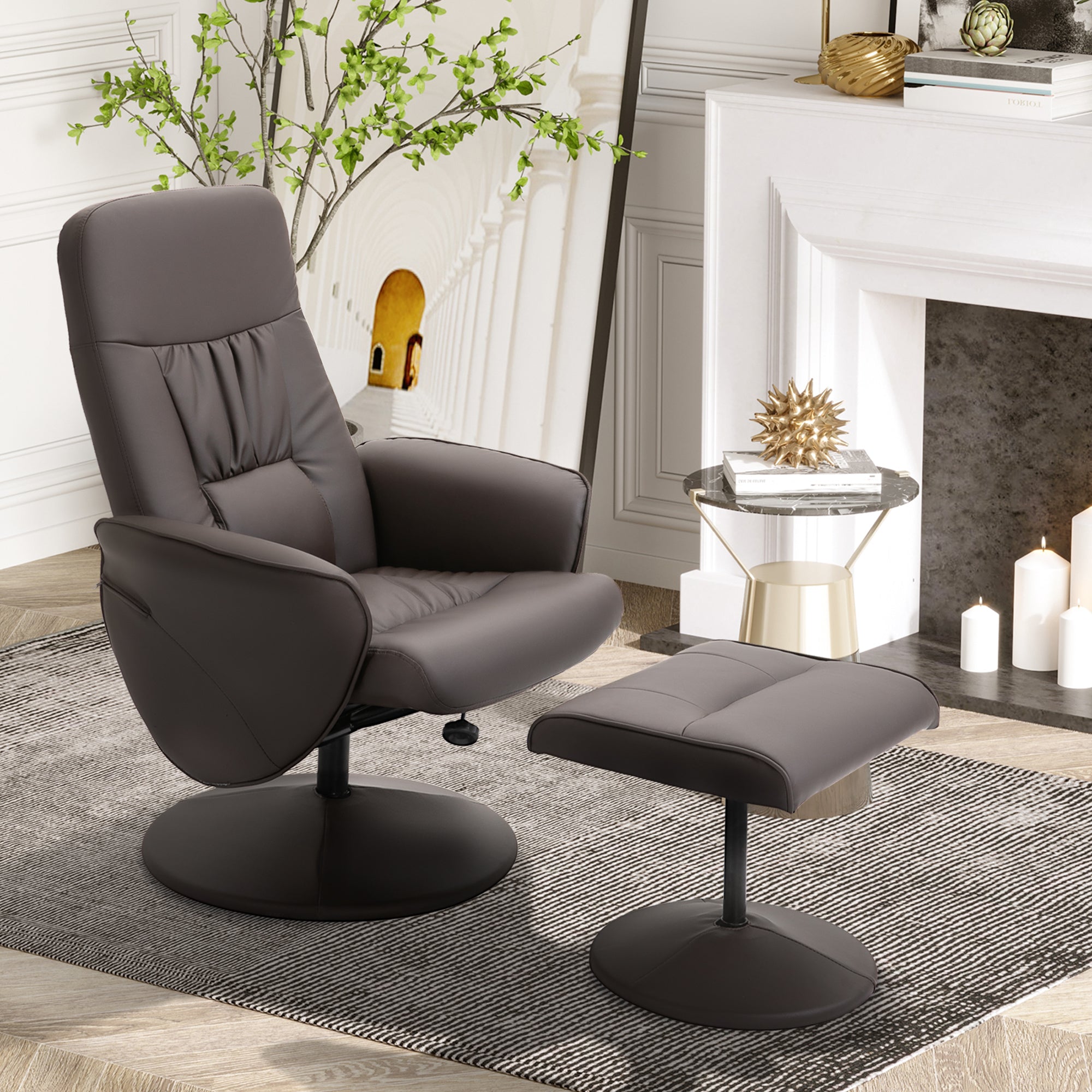 HOMCOM Executive Recliner Chair High Back and Footstool Armchair Lounge Seat Brown - North Peak Garden Furniture