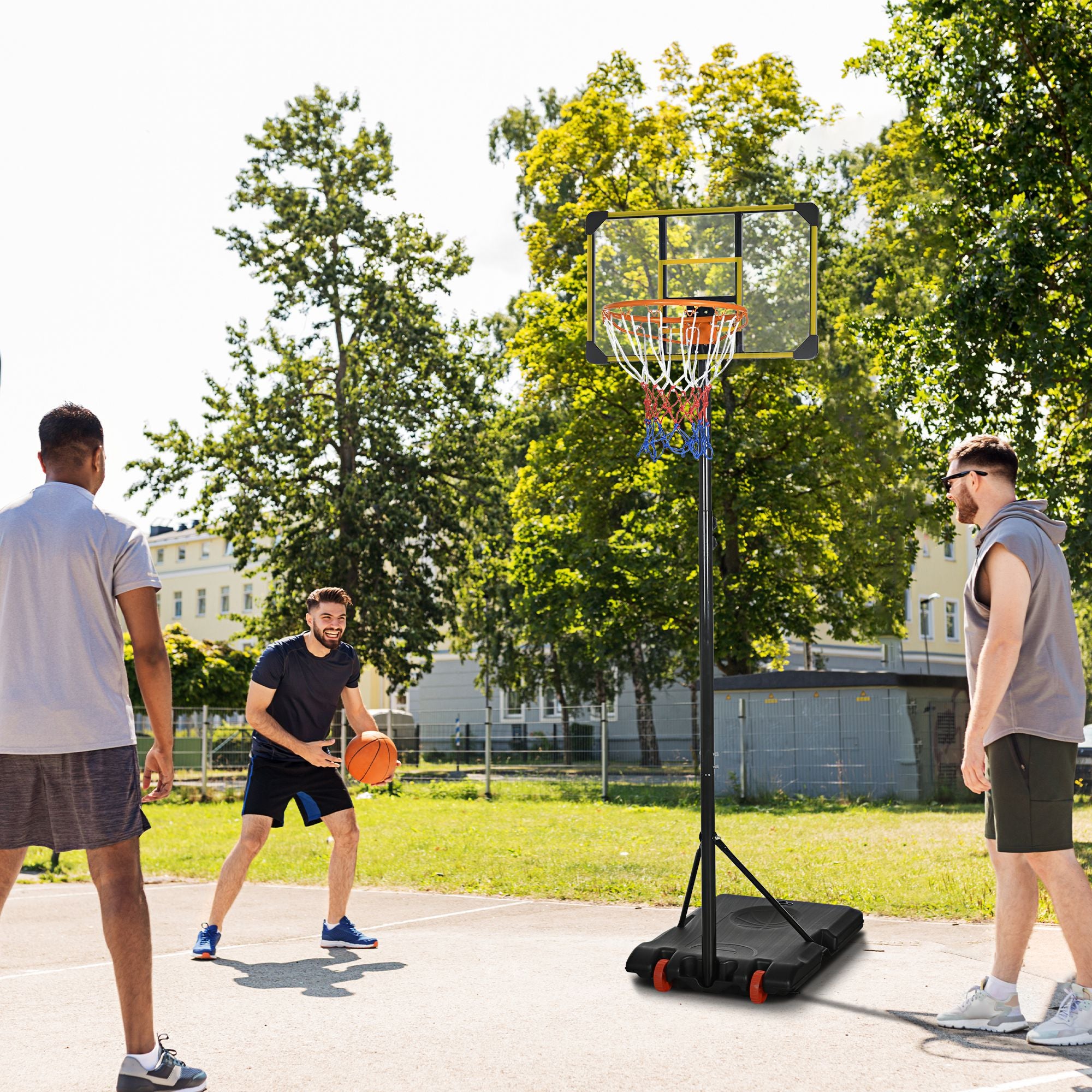 SPORTNOW Height Adjustable Basketball Hoop and Stand with Firm Backboard and Weighted Base, Portable on Wheels, Yellow - North Peak Garden Furniture