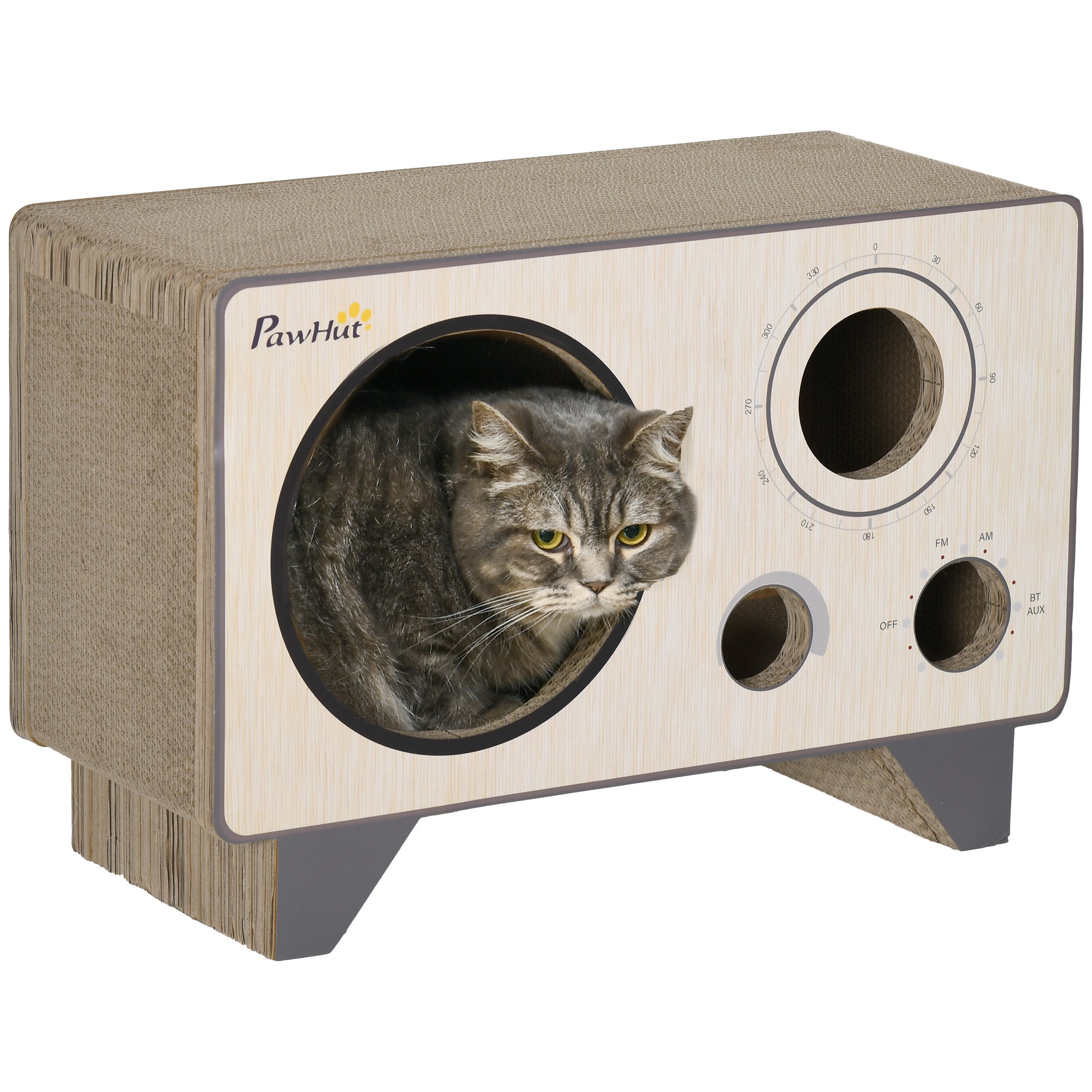 PawHut 2 in 1 Cat Scratcher, Radio Shape Cat House with Catnip, 57 x 24.5 x 39cm, Natural Wood Finish - North Peak Garden Furniture