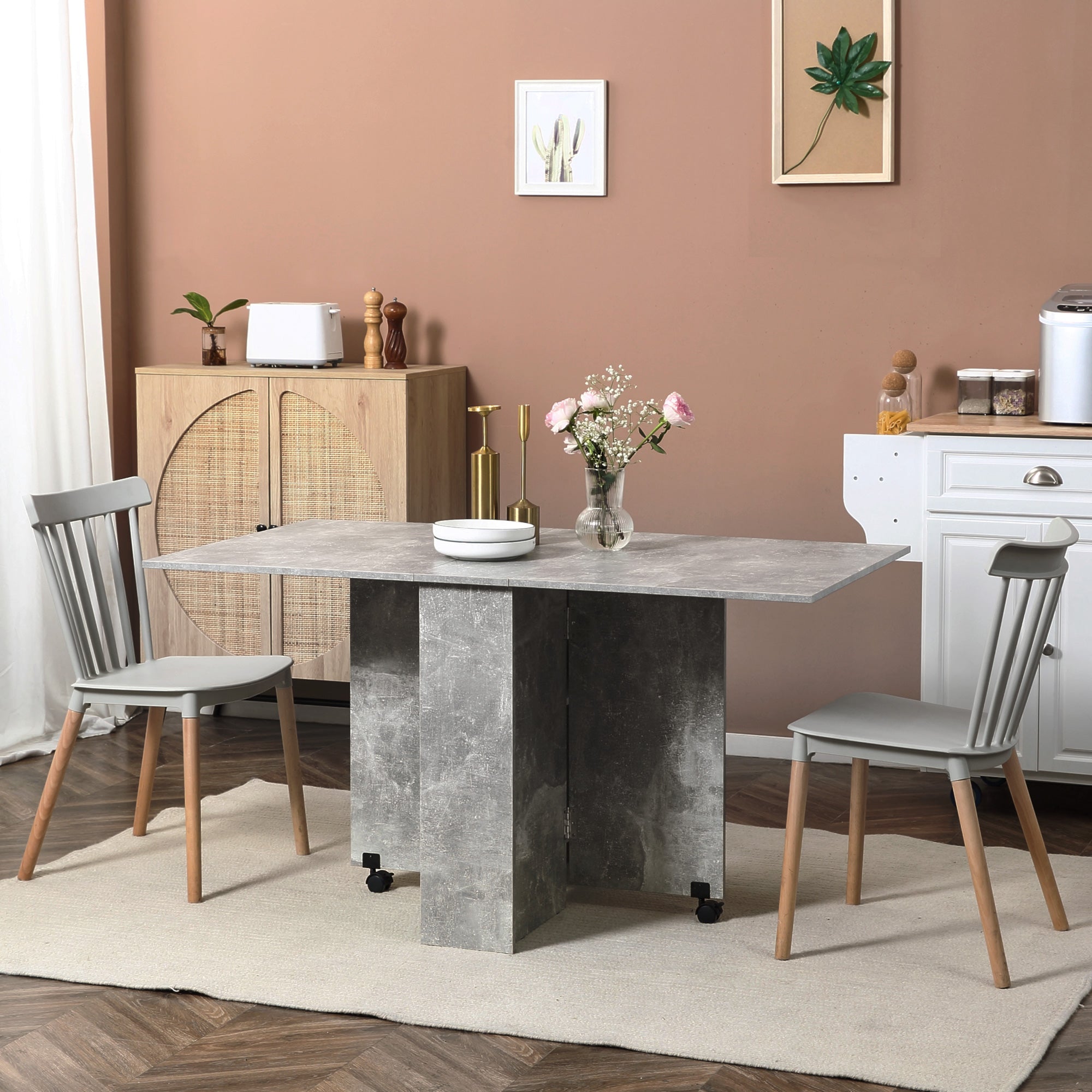 HOMCOM Folding Dining Table, Drop Leaf Table for Small Spaces with 2-tier Shelves, Small Kitchen Table with Rolling Casters, Cement Grey - North Peak Garden Furniture