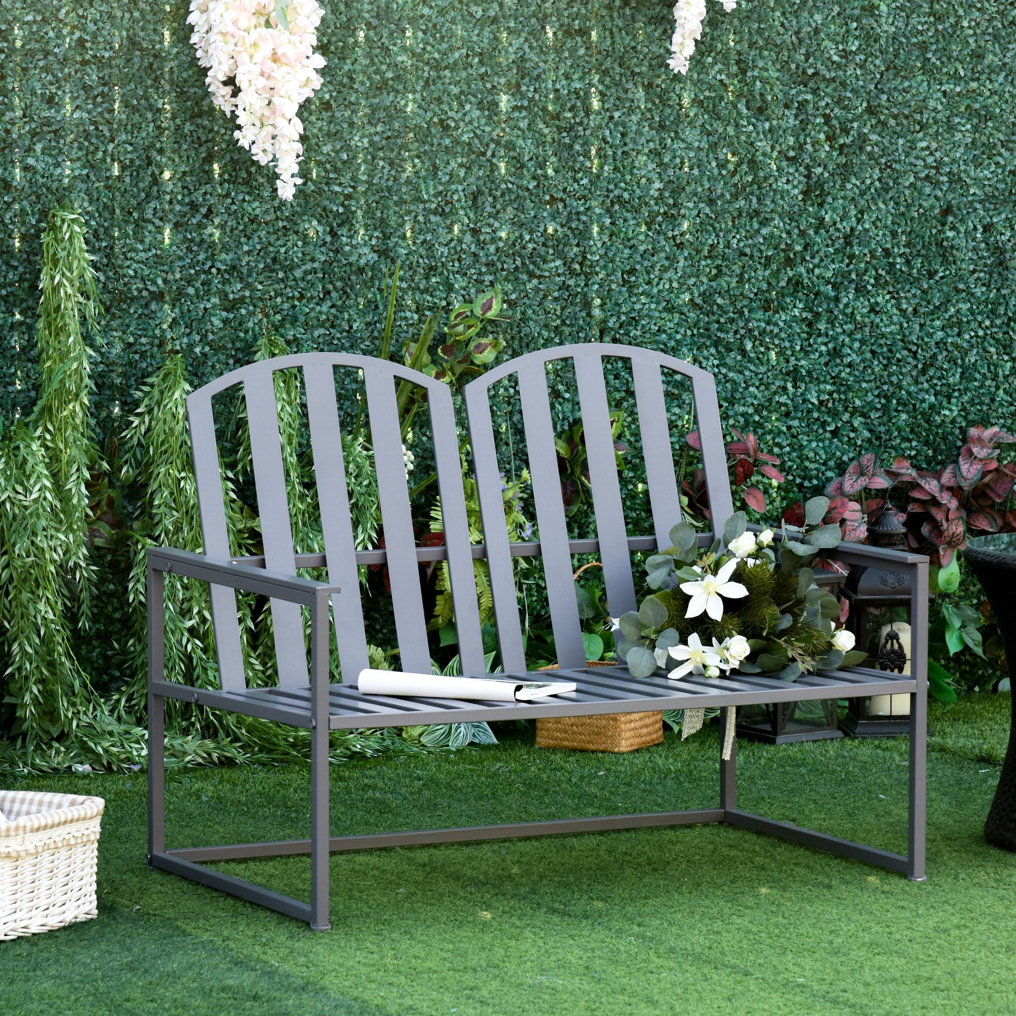 Outsunny Steel Patio Garden Bench Loveseats for Outdoors Park Yard Slatted Design Grey - North Peak Garden Furniture