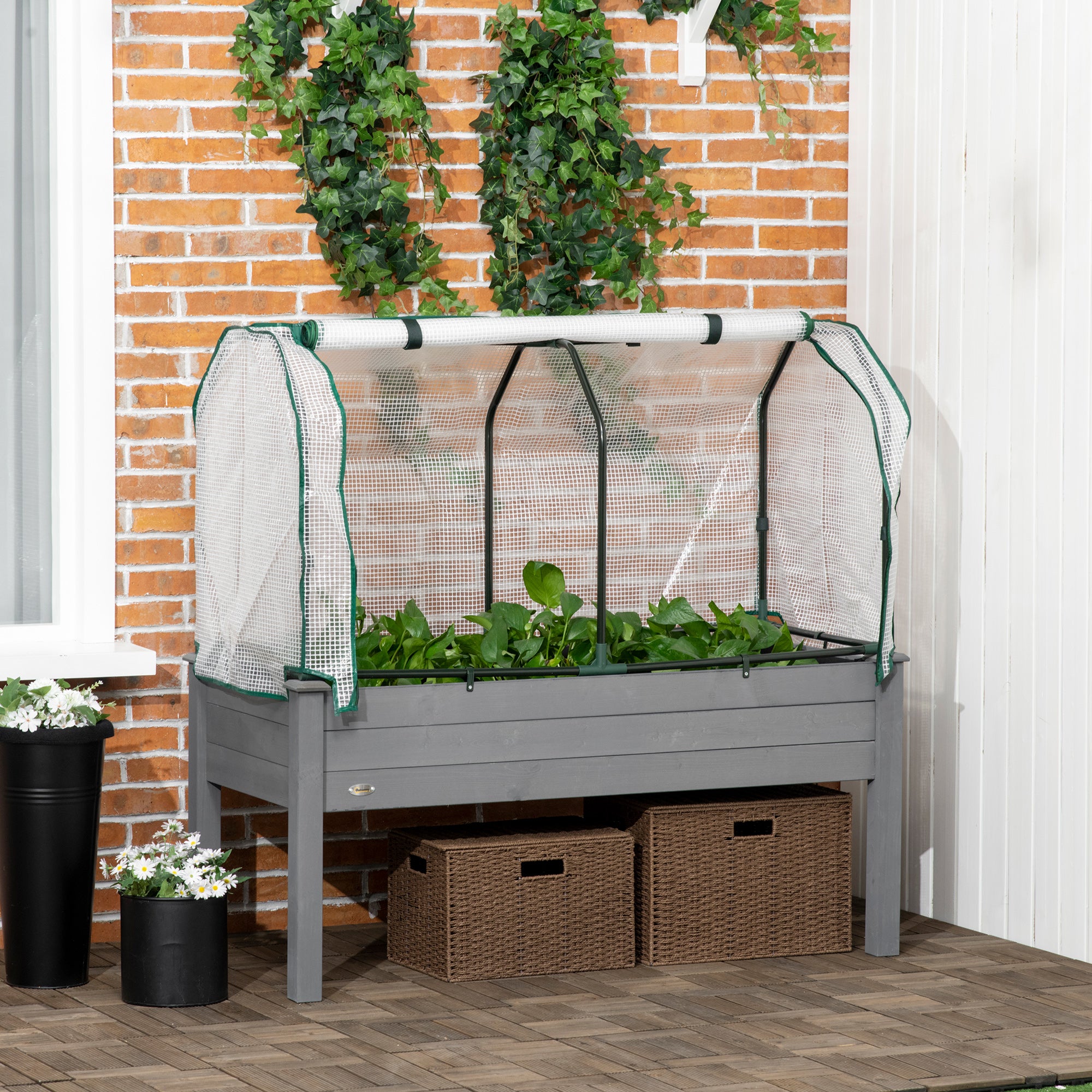 Outsunny Raised Garden Bed Outdoor Elevated Wood Planter Box w/ PE Cover, Dark Grey - North Peak Garden Furniture