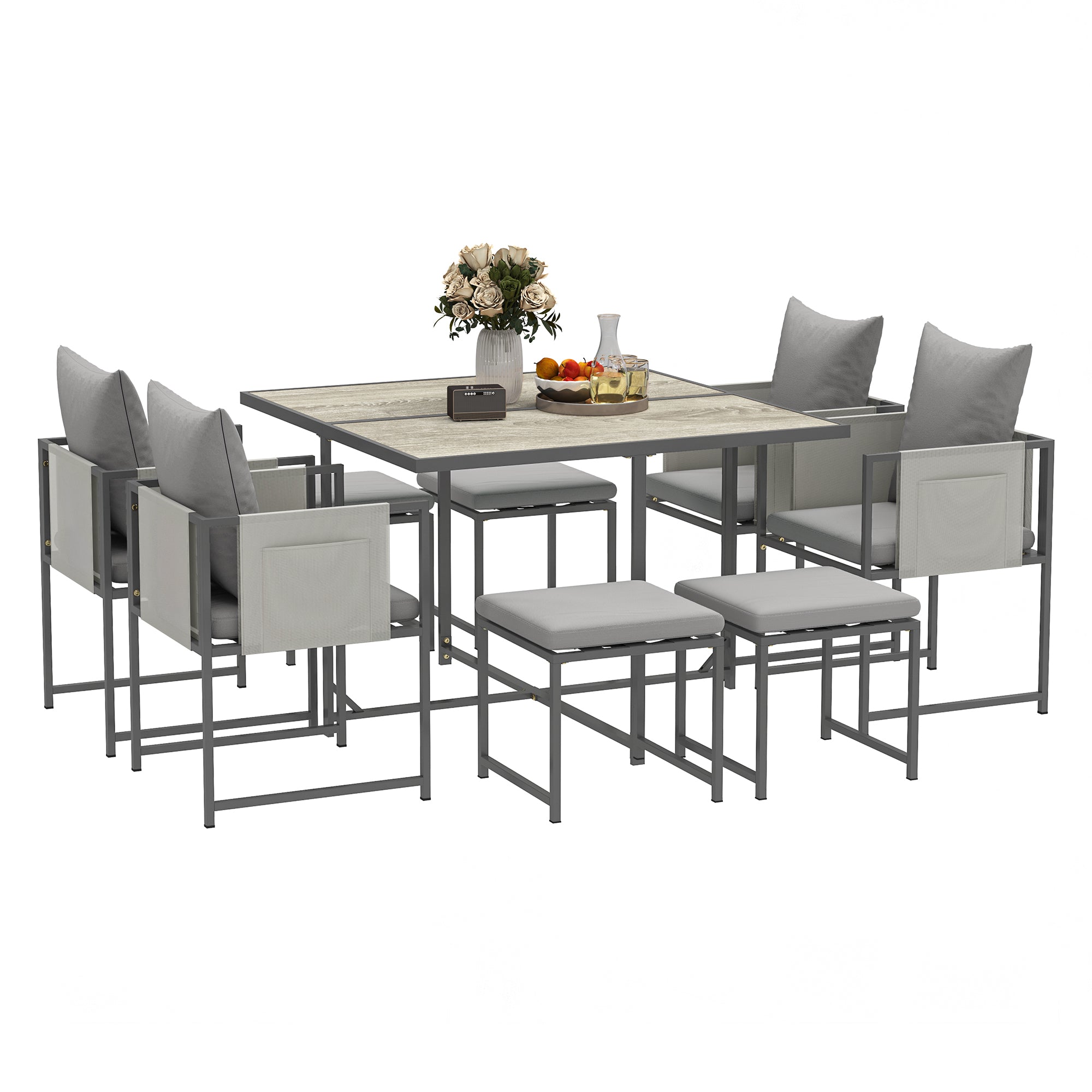 Outsunny 9 Piece Garden Dining Set, Cube Outdoor Garden Furniture Set with Cushions, 8 Seater Garden Table and Chairs with 4 Stools, Square PSPC Plastic Top Table, Side Pockets for Patio, Grey - North Peak Garden Furniture