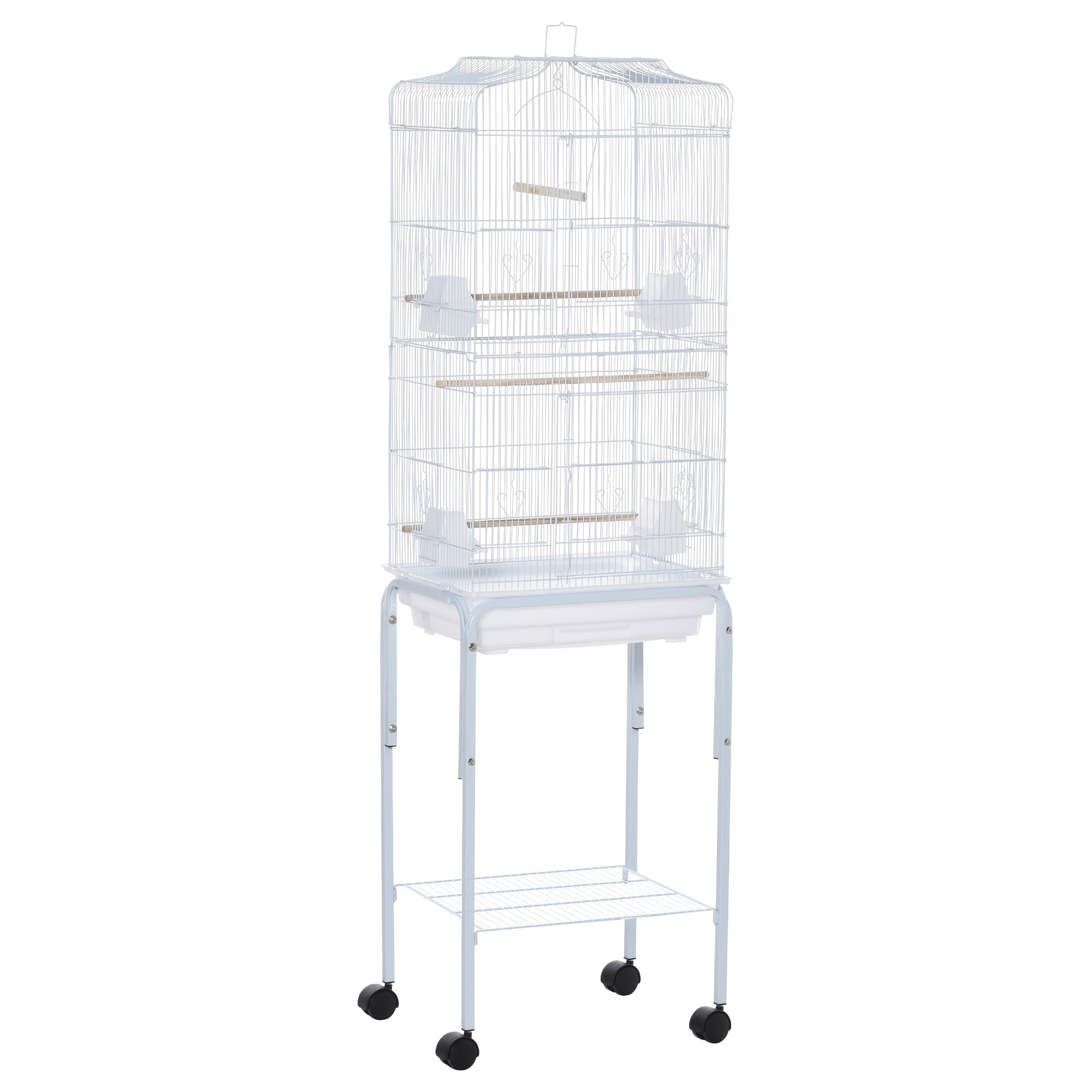 PawHut Bird Cage Budgie Cages for Finch Canary Parakeet with Stand Wheels Slide-out Tray Accessories Storage Shelf, White 46.5 x 36 x 157 cm - North Peak Garden Furniture