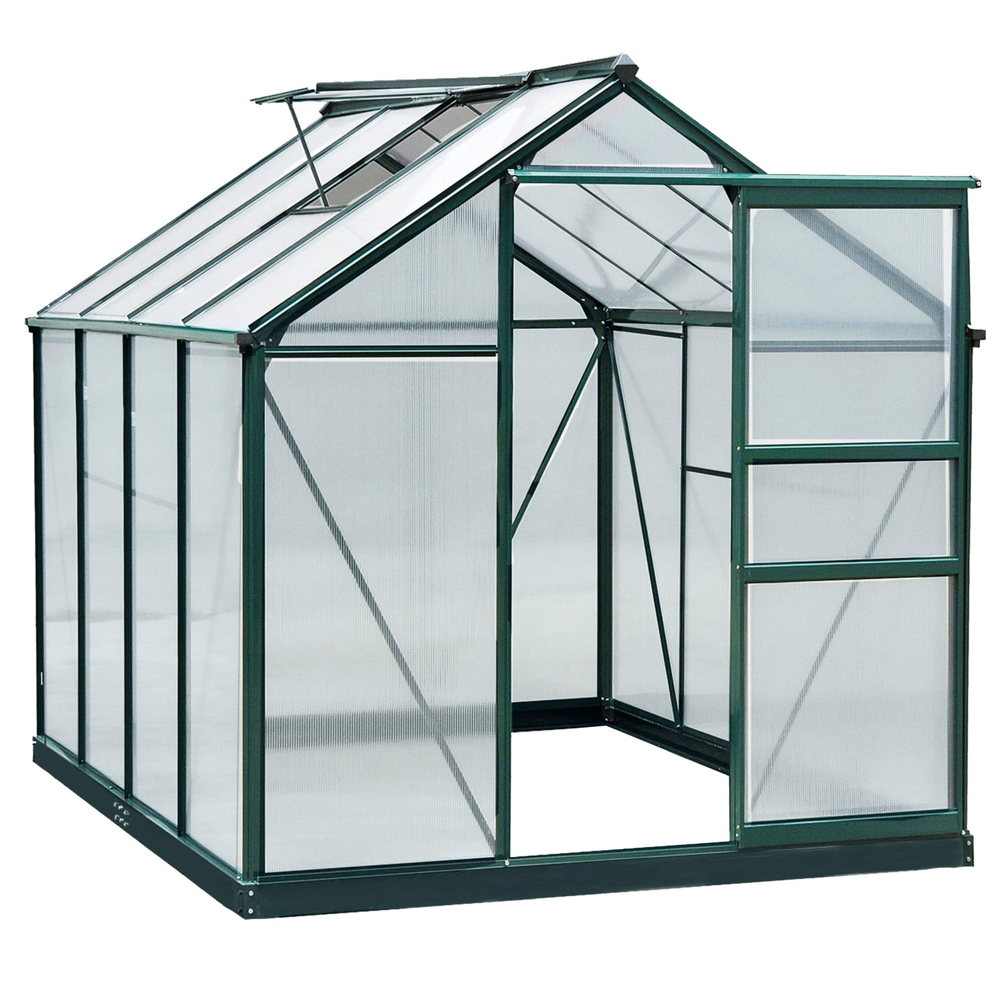Outsunny 6 x 8ft Polycarbonate Greenhouse, Large Walk-In Green House with Slide Door and Window, Garden Plants Grow House with Aluminium Frame and Foundation, Dark Green - North Peak Garden Furniture