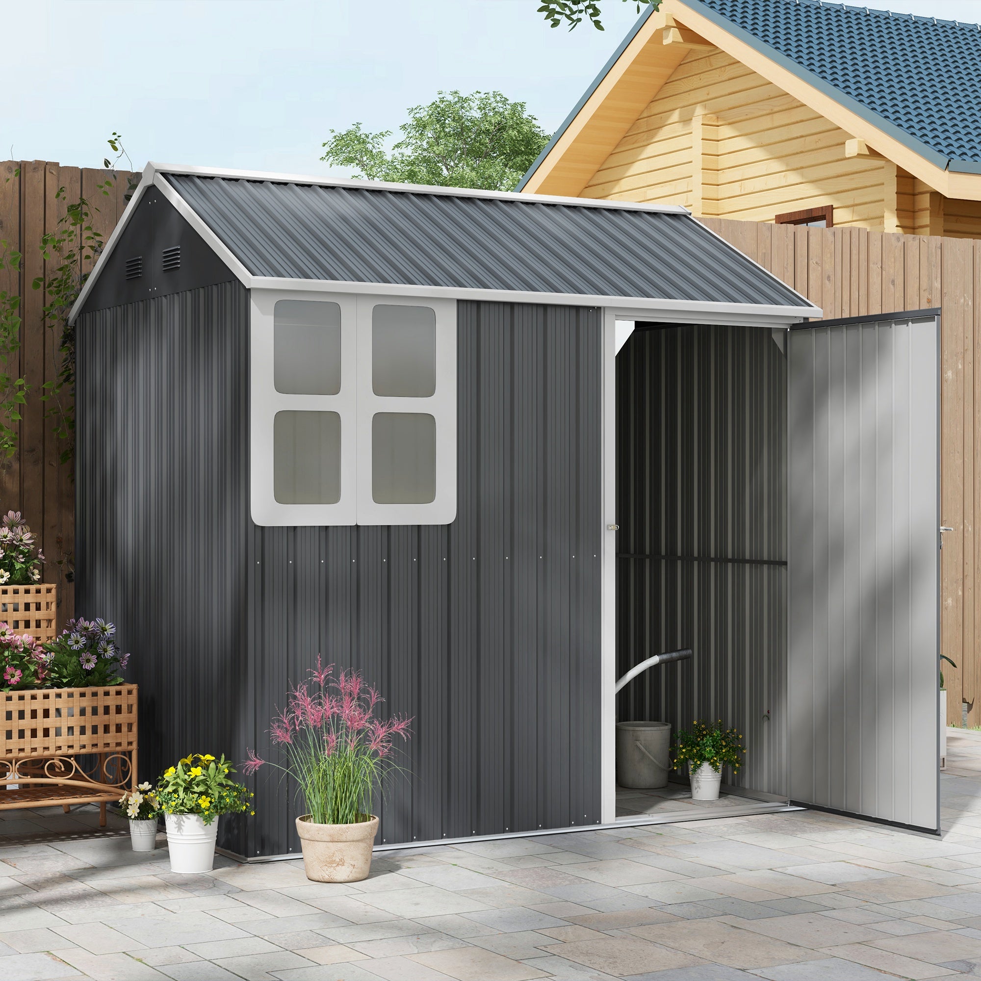 Outsunny 7 x 6ft Galvanised Garden Shed, with Latch - Dark Grey - North Peak Garden Furniture