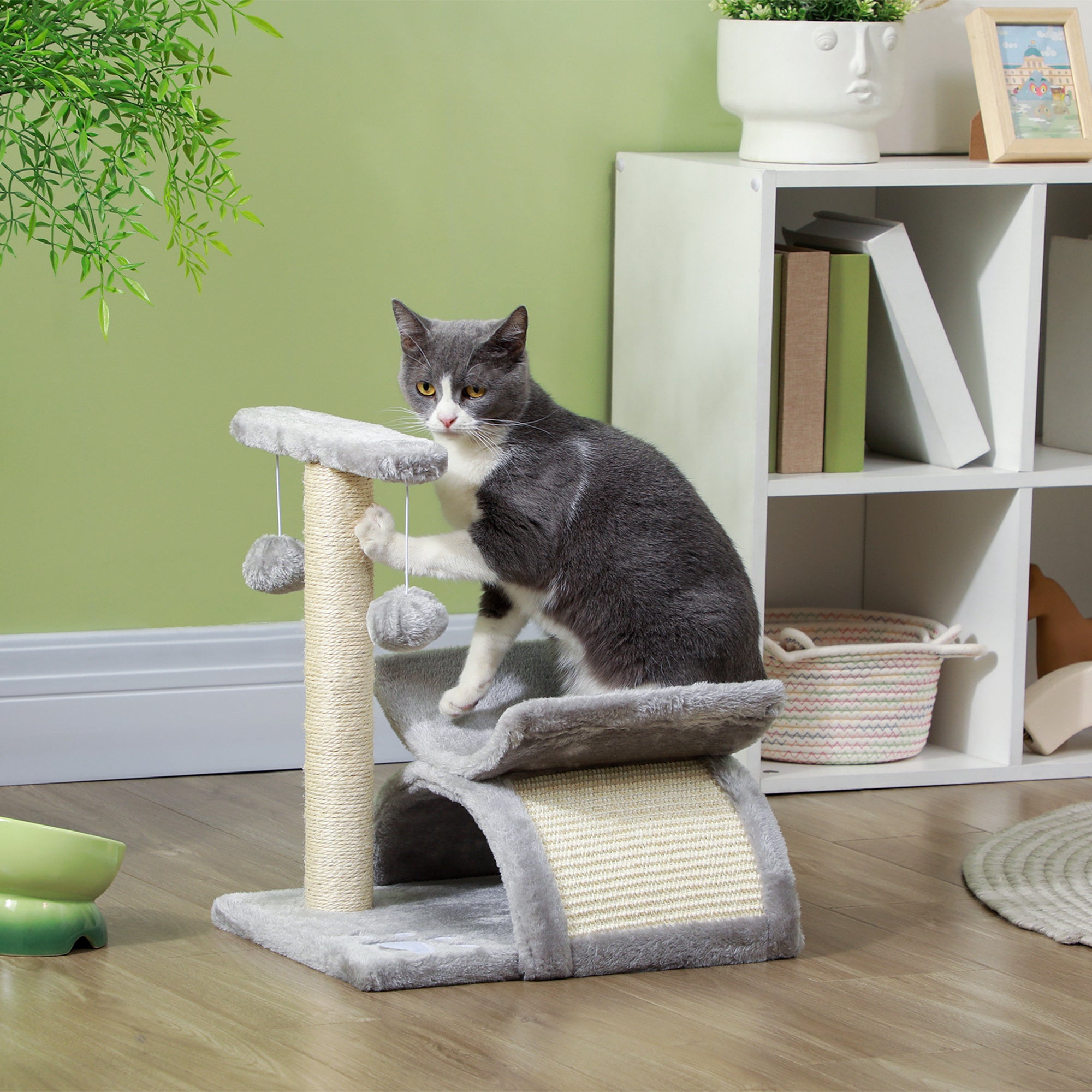 PawHut Cat Tree, Cat Tower for Kittens, Small Cat Condo with Rotatable Top Bar, Sisal Scratching Post, Tunnel, Dangling Balls - Grey - North Peak Garden Furniture