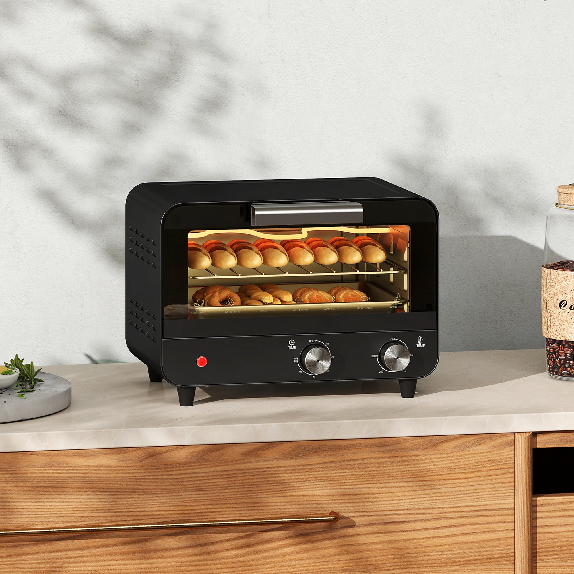 HOMCOM Small Toaster Oven, 12L Multifunction Mini Countertop Oven with Glass Door, Adjustable Temperature and Timer, Black