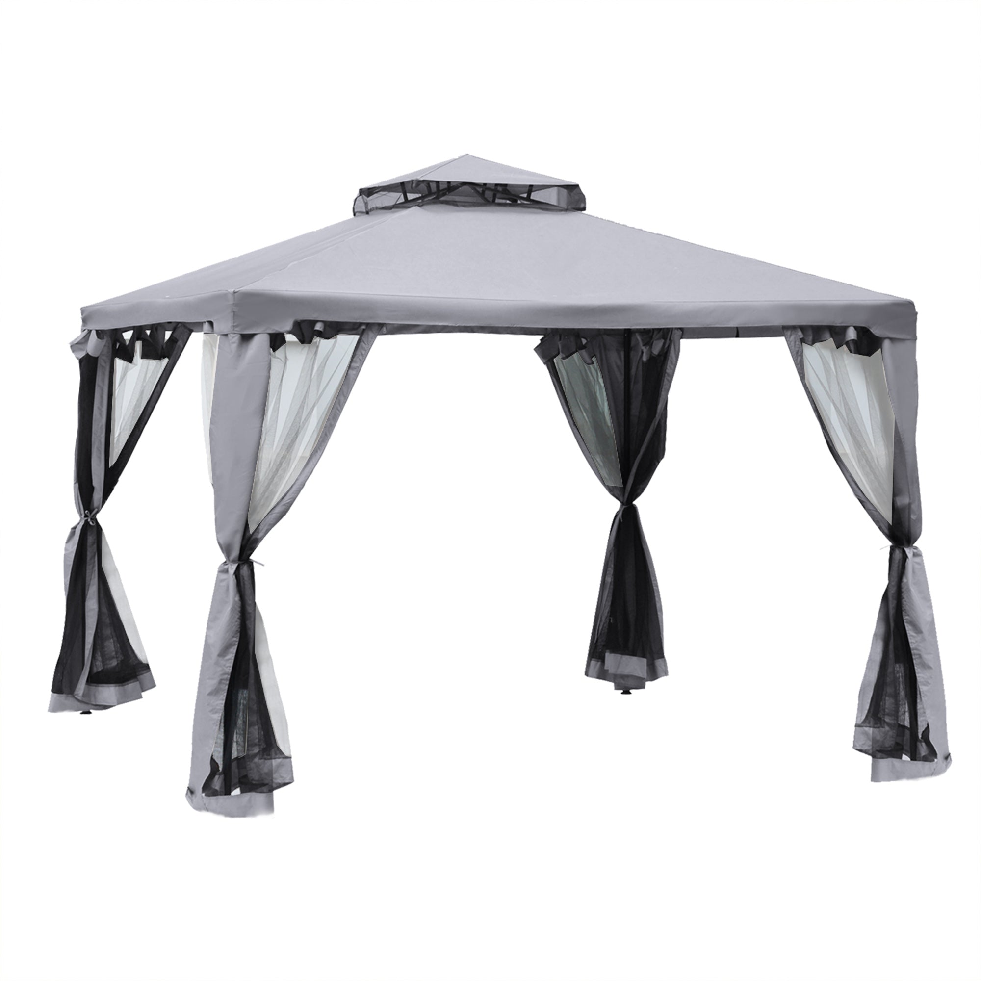 Outsunny 3 x 3 m Metal Gazebo, Garden Pavillion, Double Roof Outdoor Canopy Shelter with Mesh Sidewalls, Grey - North Peak Garden Furniture