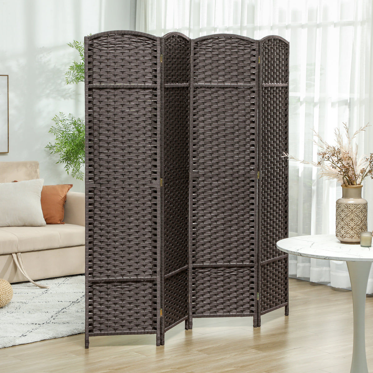 HOMCOM 4 Panel Folding Room Divider, Freestanding Privacy Screen for Living Room, Bedroom and Office, 160 x 170cm, Brown