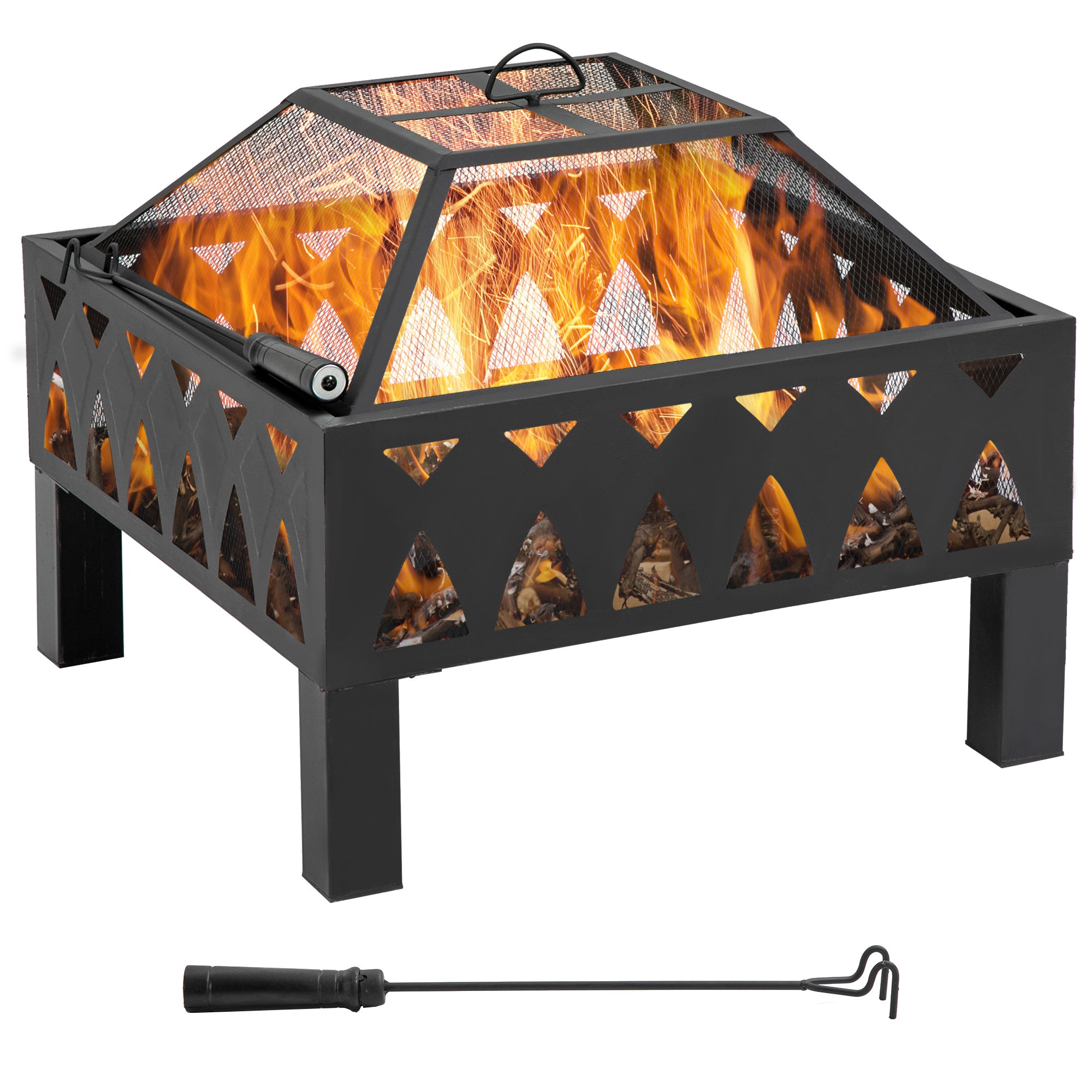 Outsunny 66cm Outdoor Fire Pit with Screen Cover, Wood Burner, Log Burning Firepit Bowl with Poker for Patio, Backyard, Black - North Peak Garden Furniture