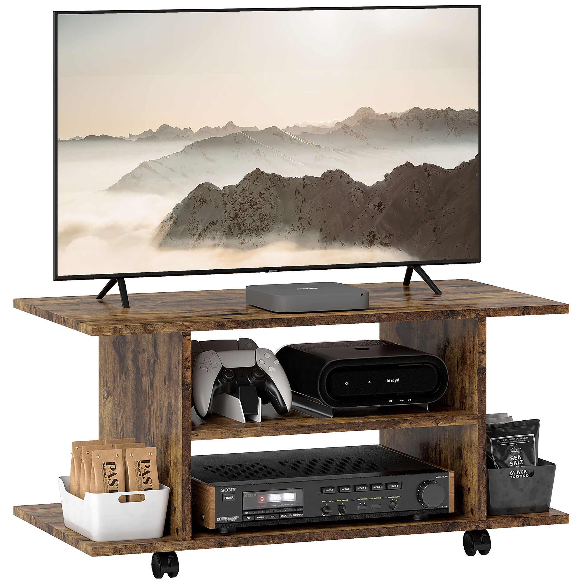 HOMCOM Modern TV Cabinet Stand Storage Shelves Table Mobile Bedroom Furniture Bookshelf Bookcase Rustic Brown - North Peak Garden Furniture