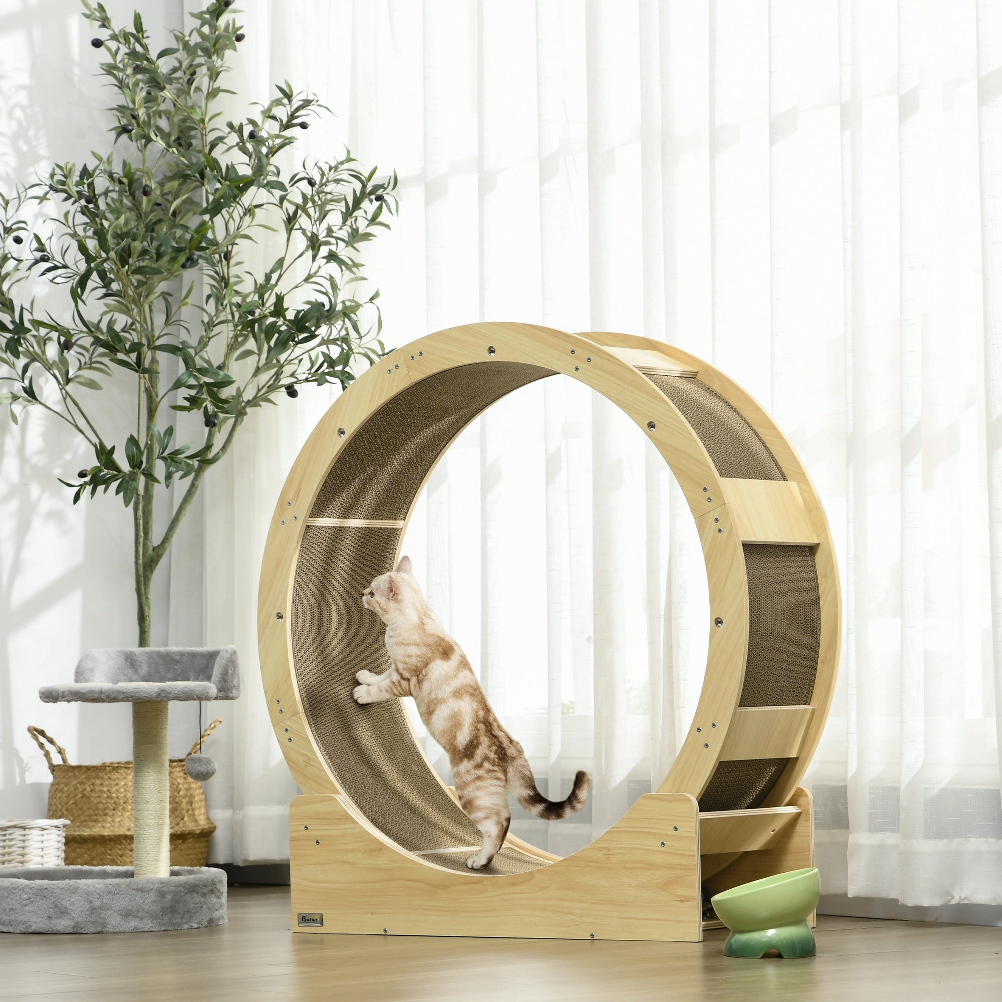 PawHut Cat Wheel with Brake, Scratching Pads - Oak Tone - North Peak Garden Furniture
