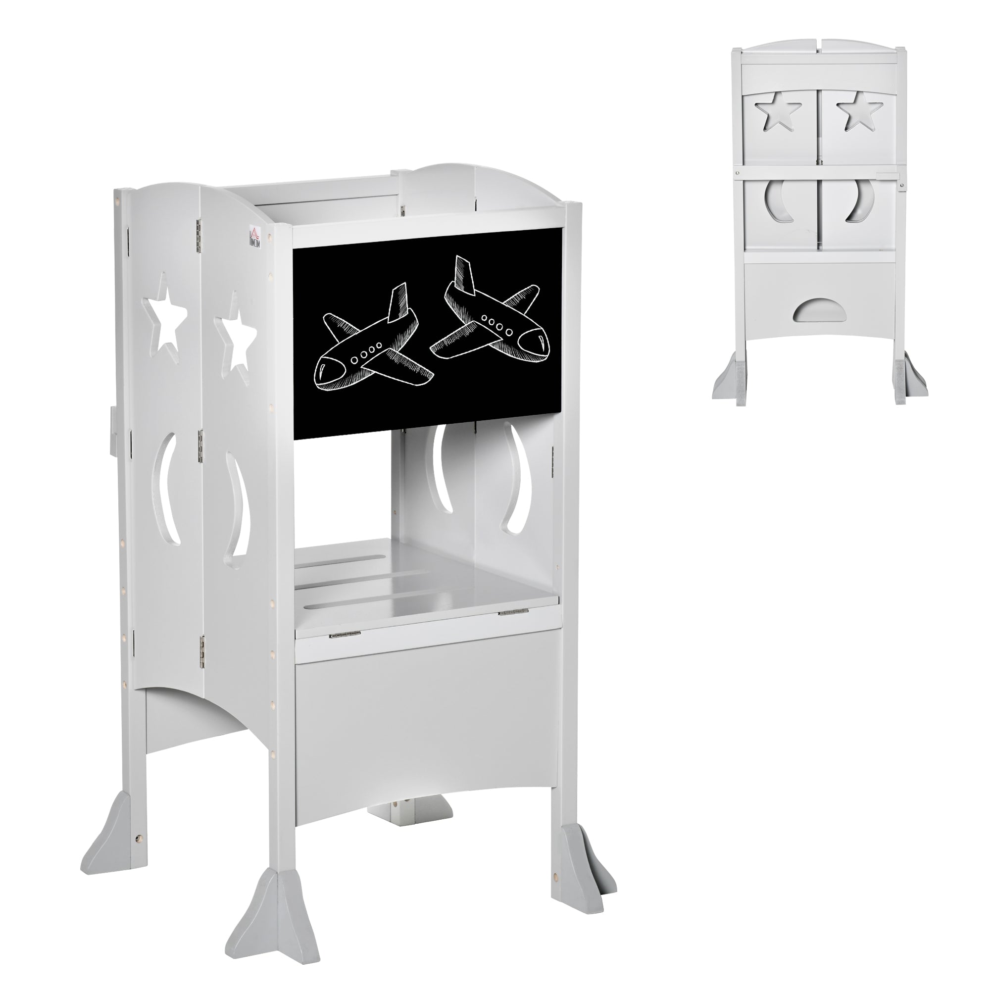 HOMCOM Kids Step Stool Toddler Kitchen Stool with Blackboard Lockable Handrail for Kids Kitchen Counter Grey - North Peak Garden Furniture