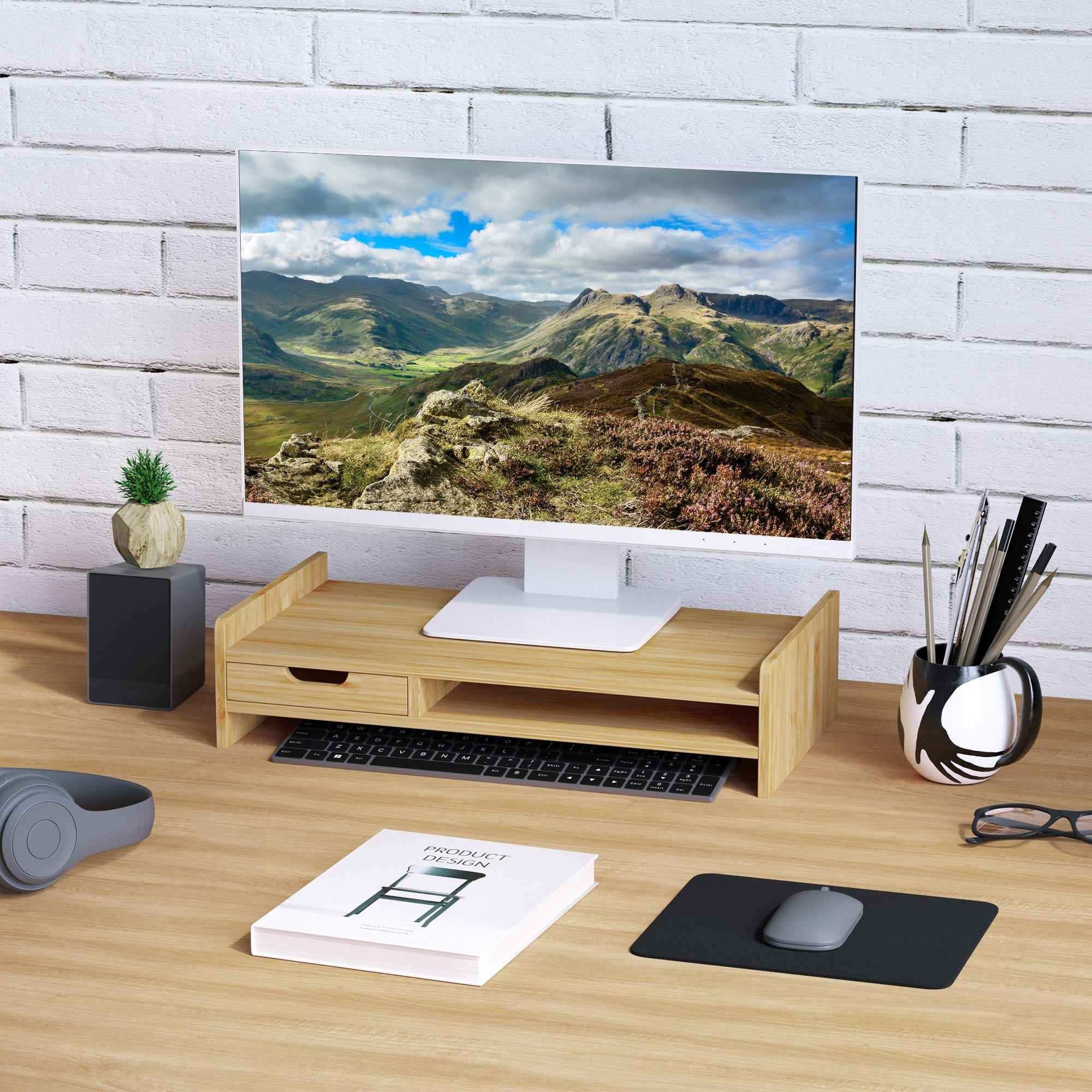 HOMCOM Monitor Riser Laptop PC Plinth Stand TV Computer Desktop Organiser W/ Drawer Bamboo