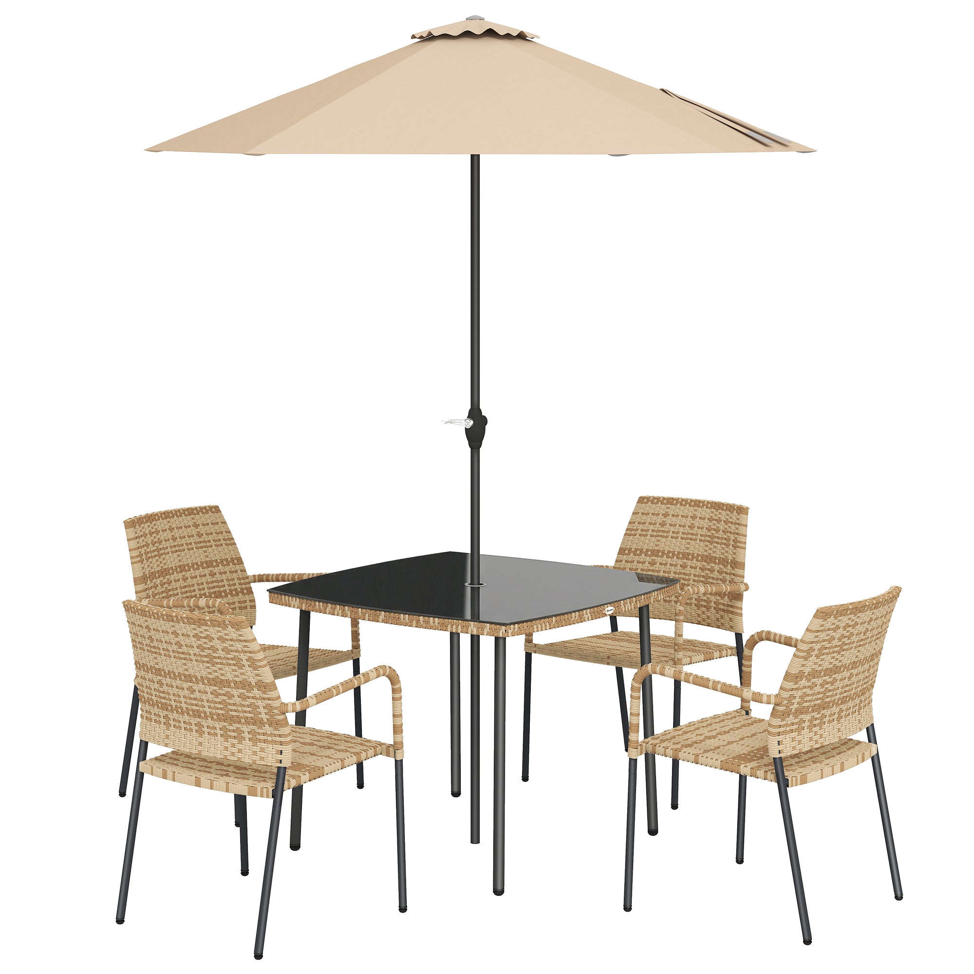 Outsunny 4 Seater Rattan Dining Set with Parasol, 6 Piece Garden Table and Stackable Chairs with Tempered Glass Tabletop