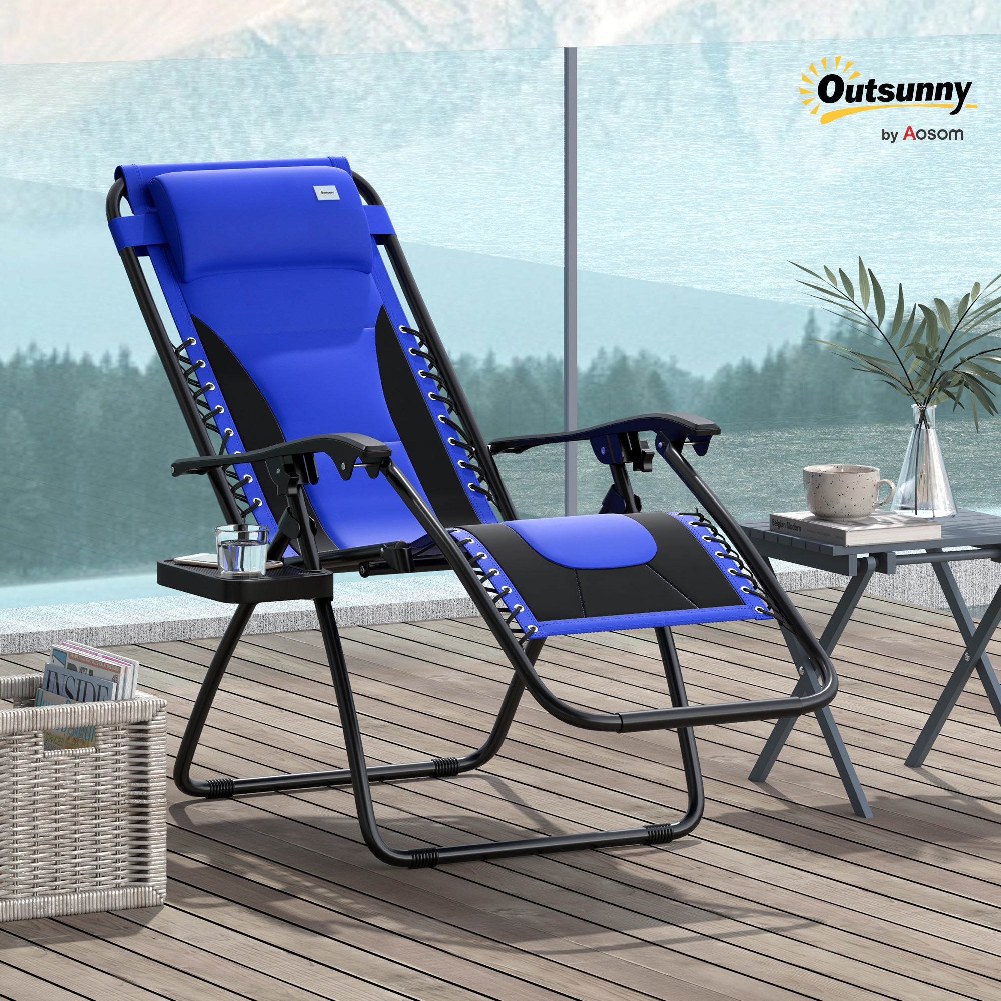 Outsunny Zero Gravity Lounger Chair, Folding Reclining Patio Chair with Padded Seat, Cup Holder, Soft Cushion and Headrest for Poolside, Camping, Blue - North Peak Garden Furniture