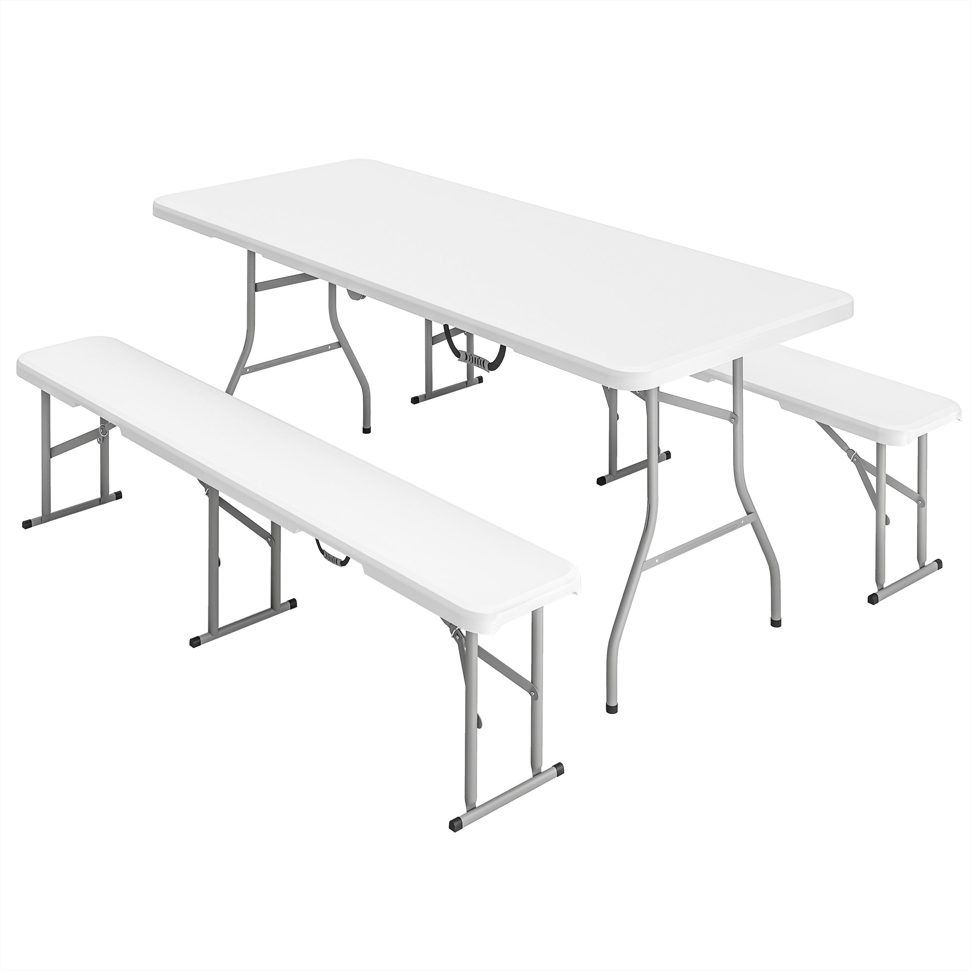 Outsunny 3 Piece 6ft Folding Picnic Table and Bench Set, Portable HDPE Camping Table and Chairs with Carrying Handles for Indoor Outdoor, Dining, Camping, Picnic, BBQ, Party, White