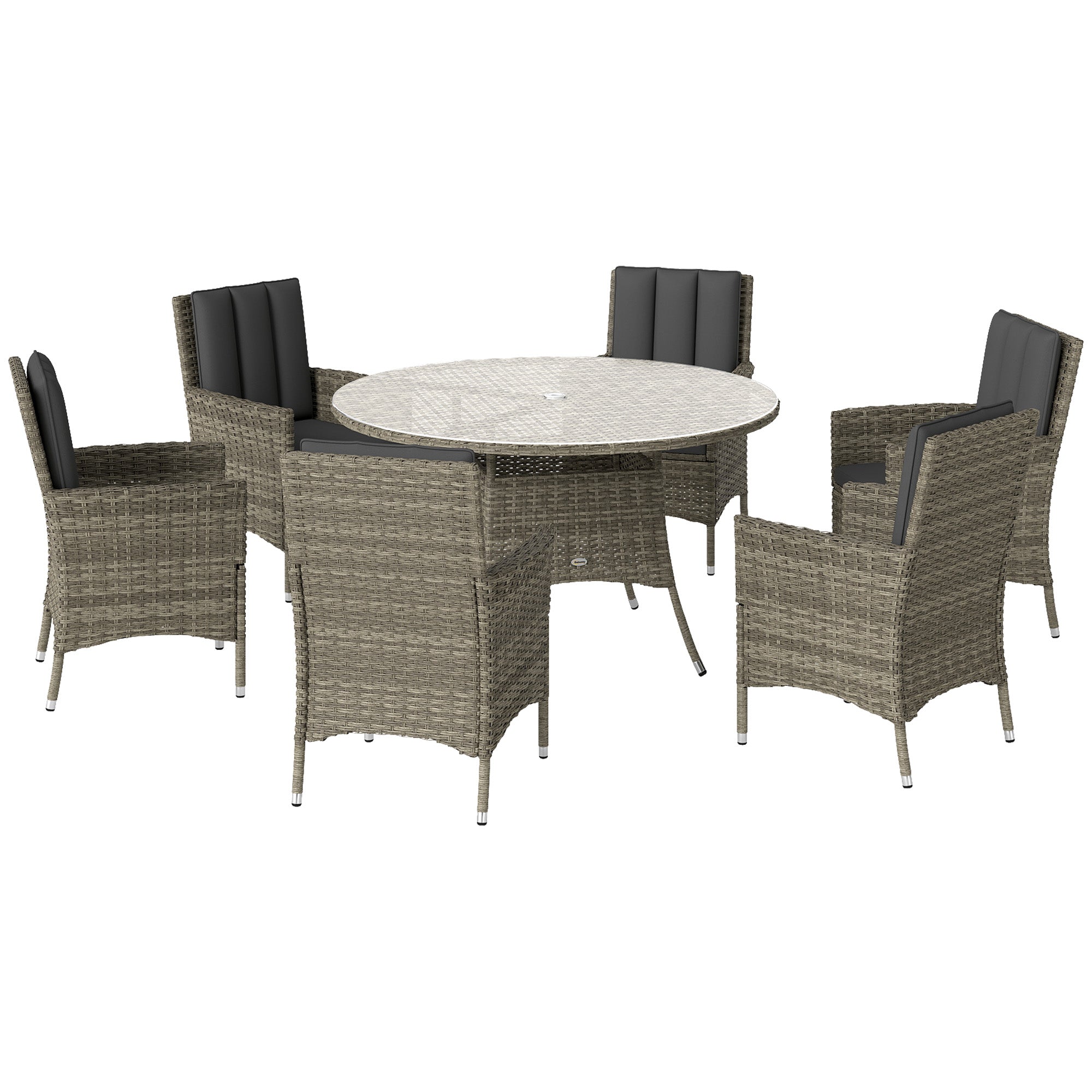 Outsunny Seven-Piece Rattan Dining Table, with Round Glass-Top Table - Light Grey - North Peak Garden Furniture