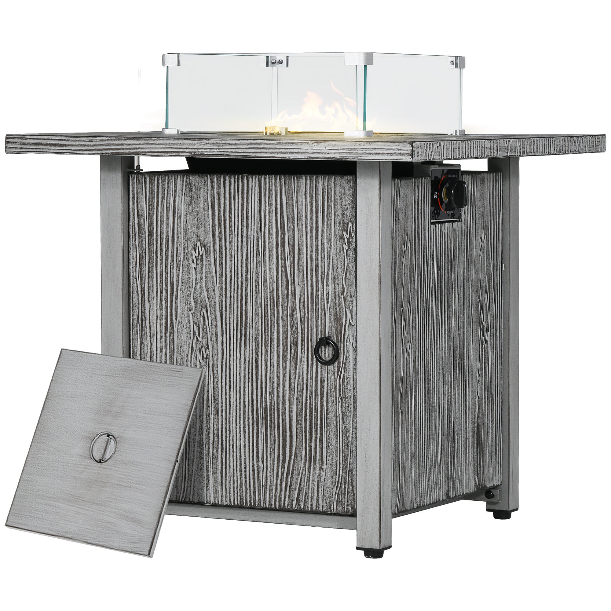 Outsunny 71cm 50,000 BTU Gas Fire Pit Table with Cover and Glass Screen - Grey - North Peak Garden Furniture