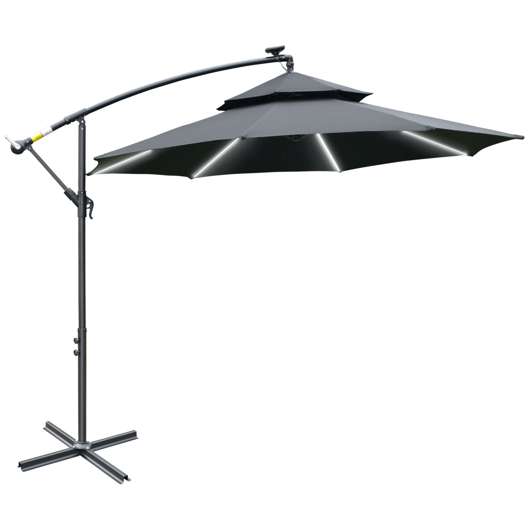 Outsunny 3(m) Cantilever Banana Parasol Hanging Umbrella with LED Solar lights, Crank, 8 Sturdy Ribs and Cross Base for Outdoor, Garden, Patio, Black - North Peak Garden Furniture