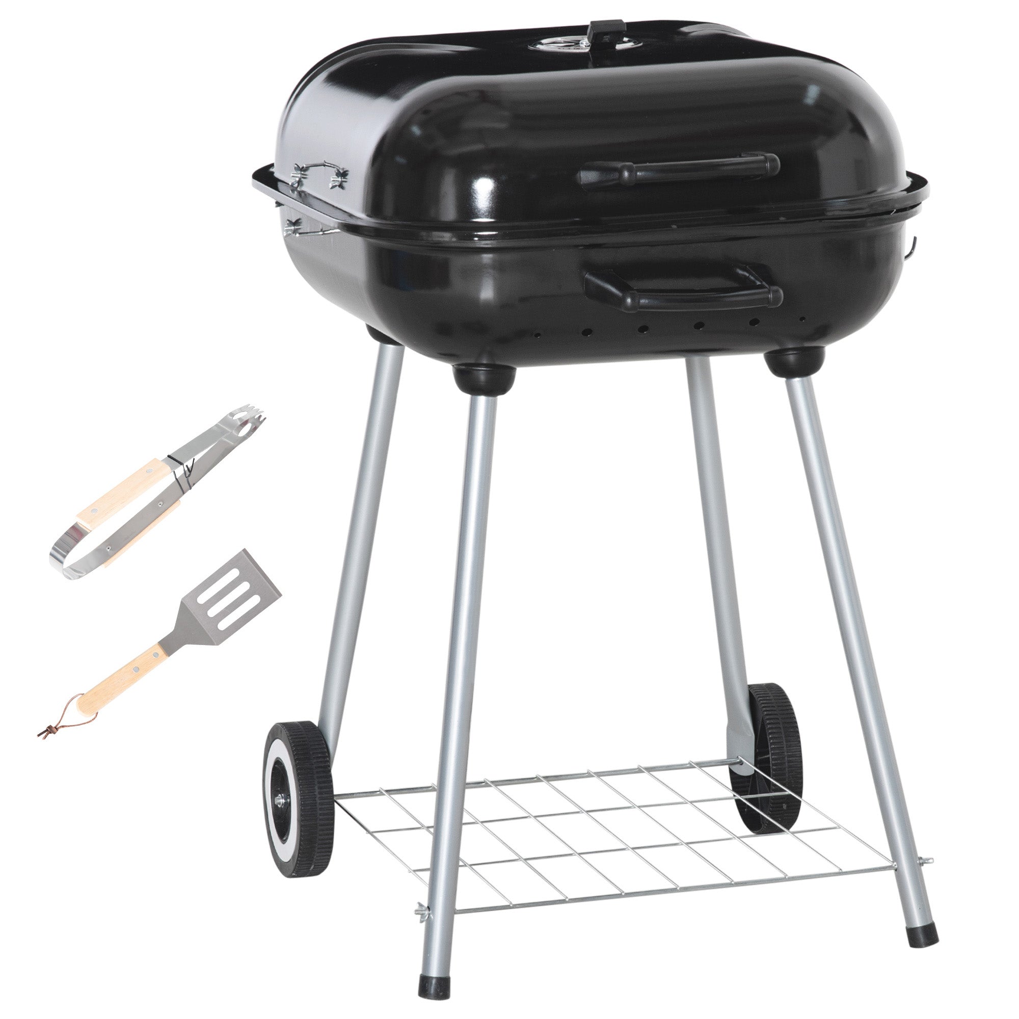 Outsunny Portable BBQ Charcoal Grill with 2 Wheels and Cooking Utensils, Smoker Grill with Lid for Outdoor Barbecues, Camping, Picnic, Courtyard - North Peak Garden Furniture