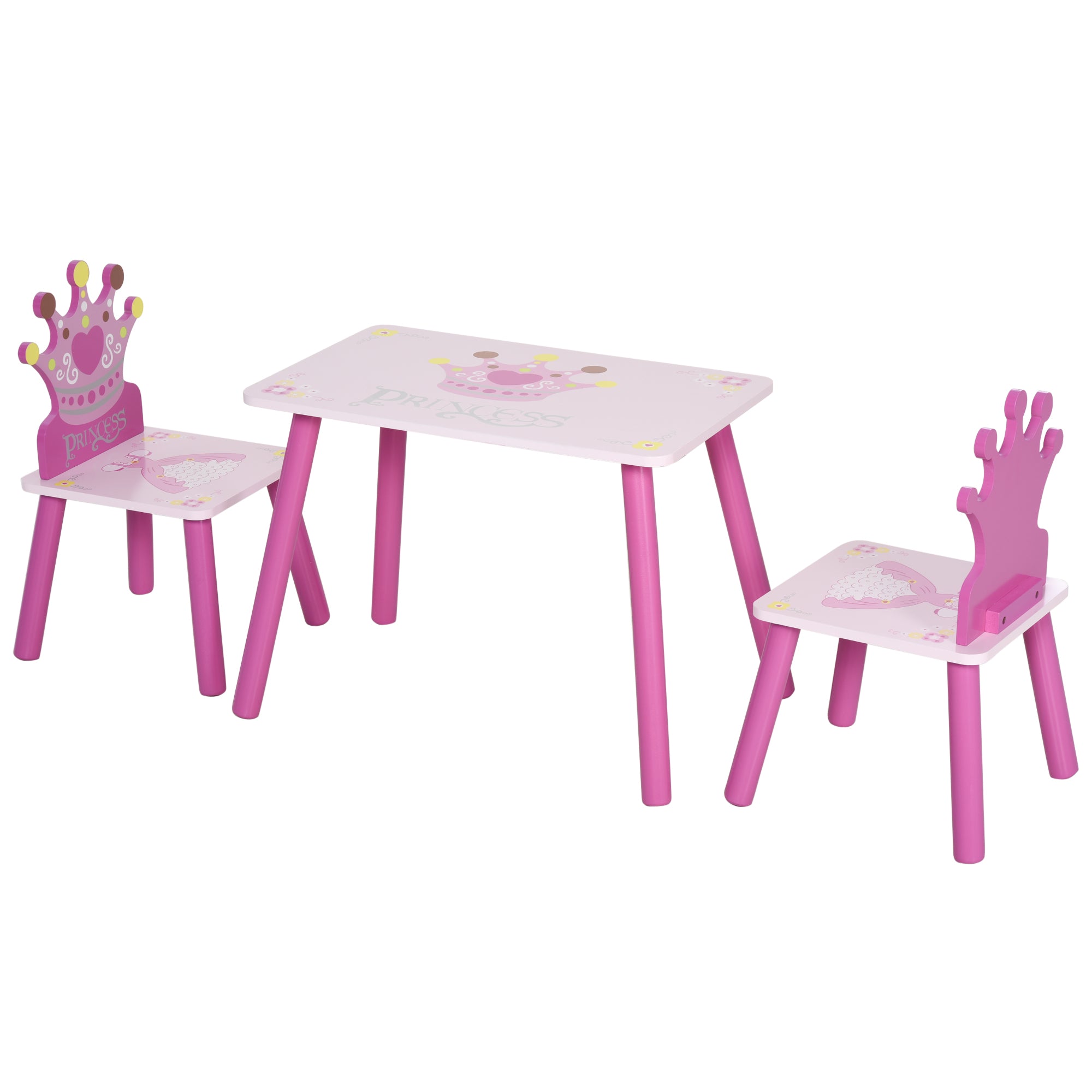 HOMCOM 3 Pcs Kids and Table Chair Set Princess & Crown Theme Home Furniture Pretty Gift 2-4 Years Pink - North Peak Garden Furniture