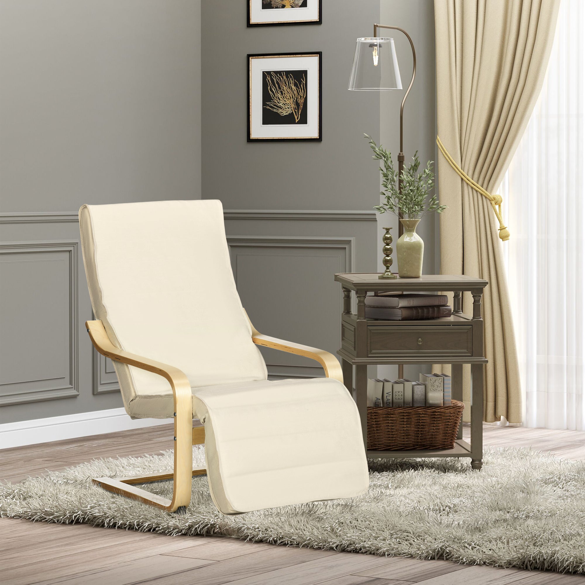HOMCOM Wooden Lounging Chair Deck Relaxing Recliner Lounge Seat with Adjustable Footrest & Removable Cushion, Cream White
