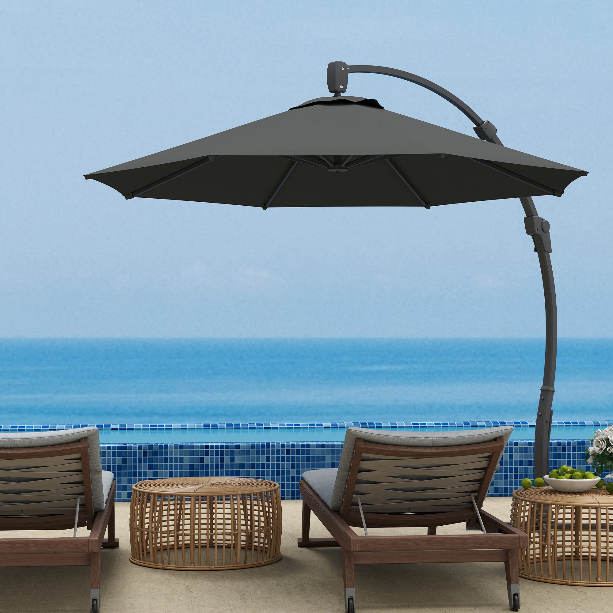 Outsunny 3(m) Garden Cantilever Parasol, Round Overhanging Umbrella with Crank Handle, Cross Base, Aluminium Frame and 360° Rotation, Banana Patio Umbrella for Outdoor Sun Shade, Grey - North Peak Garden Furniture