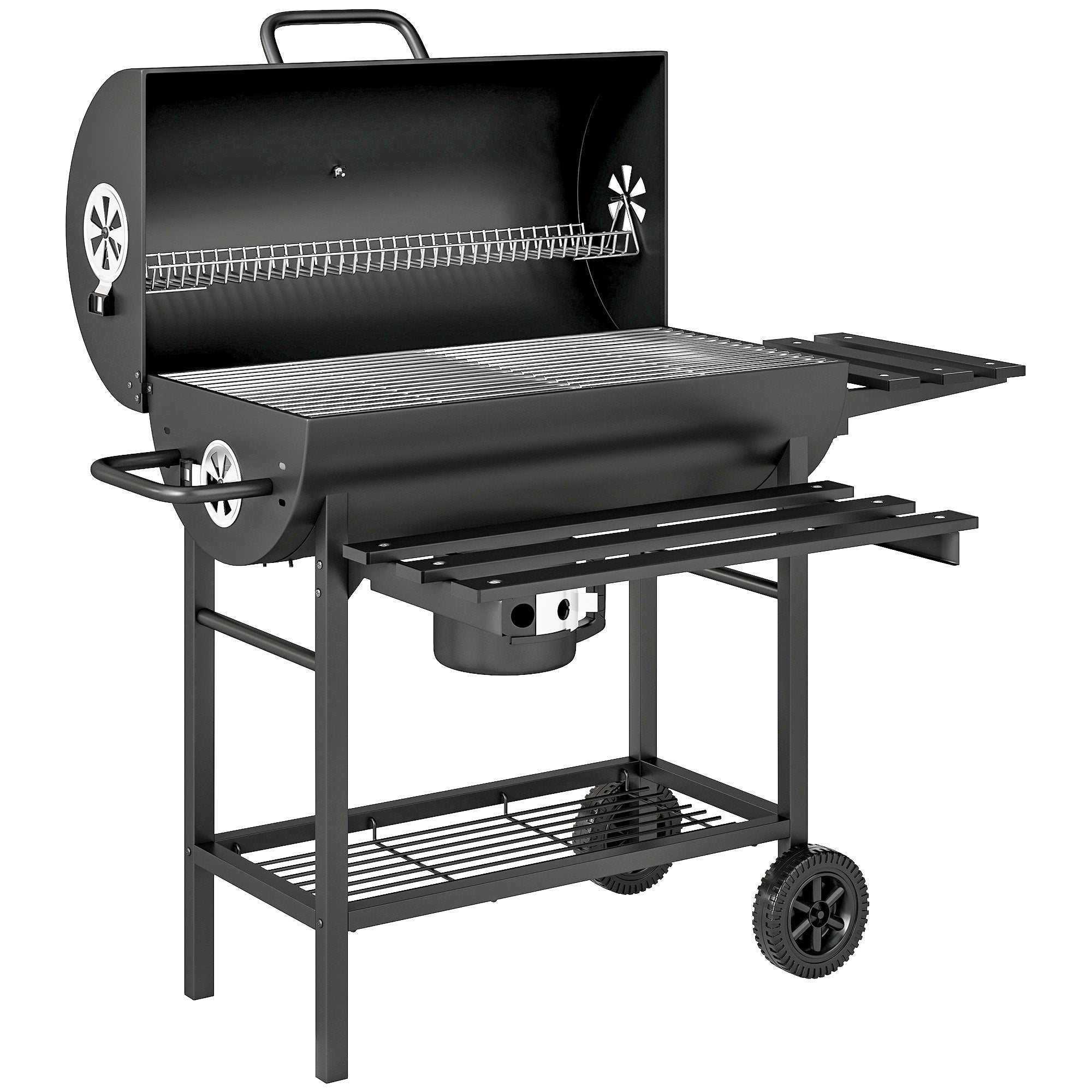 Outsunny Charcoal BBQ Grill with Foldable Front Side Shelf, Portable Barbecue Smoker with Warming Rack, Bottom Shelf, Lid, Temperature Gauge, Wheels for Outdoor Cooking Garden Party, Black