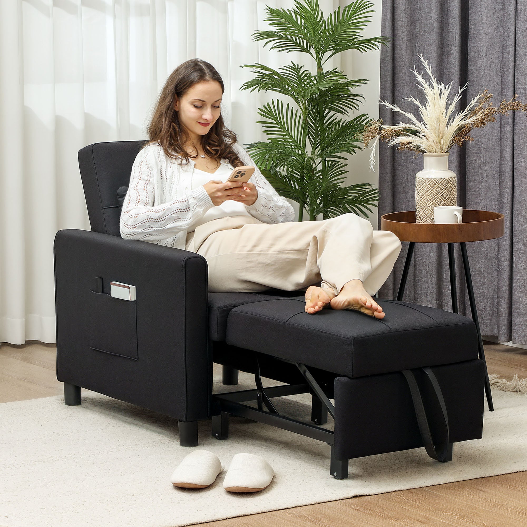 HOMCOM 3-In-1 Convertible Chair Bed, Pull Out Sleeper Chair with Adjustable Backrest, Side Pockets, Black - North Peak Garden Furniture